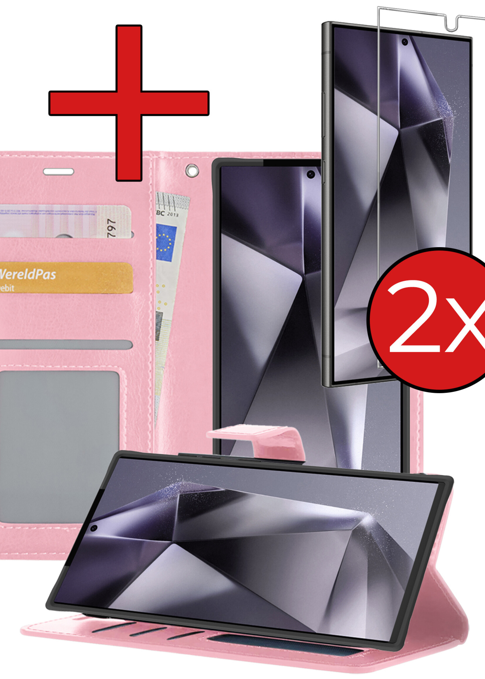 BTH Hoesje Geschikt voor Samsung S24 Ultra Hoesje Book Case Hoes Portemonnee Cover Walletcase Met 2x Screenprotector - Hoes Geschikt voor Samsung Galaxy S24 Ultra Hoes Bookcase Hoesje - Lichtroze