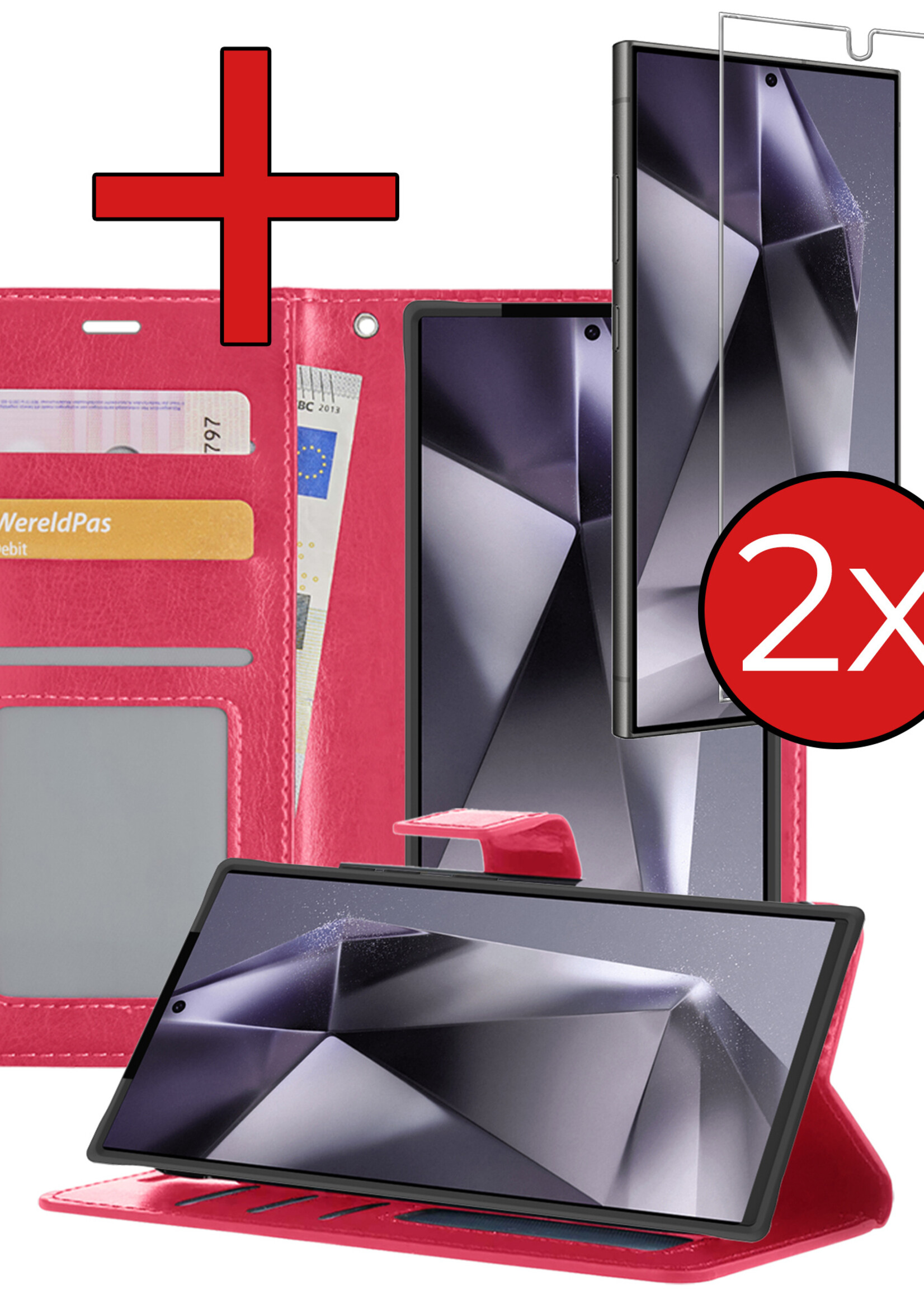 BTH Hoesje Geschikt voor Samsung S24 Ultra Hoesje Book Case Hoes Portemonnee Cover Walletcase Met 2x Screenprotector - Hoes Geschikt voor Samsung Galaxy S24 Ultra Hoes Bookcase Hoesje - Donkerroze