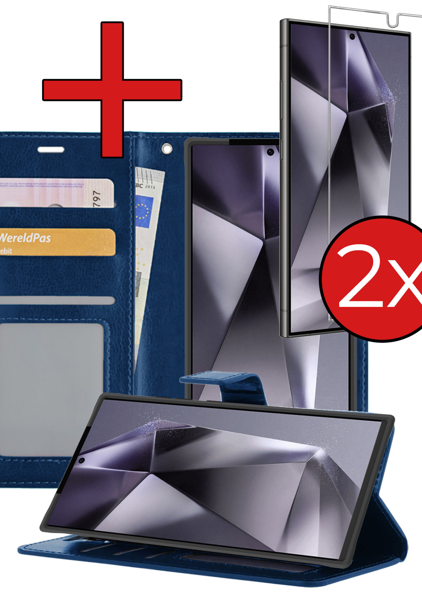 BTH Hoesje Geschikt voor Samsung S24 Ultra Hoesje Book Case Hoes Portemonnee Cover Walletcase Met 2x Screenprotector - Hoes Geschikt voor Samsung Galaxy S24 Ultra Hoes Bookcase Hoesje - Donkerblauw