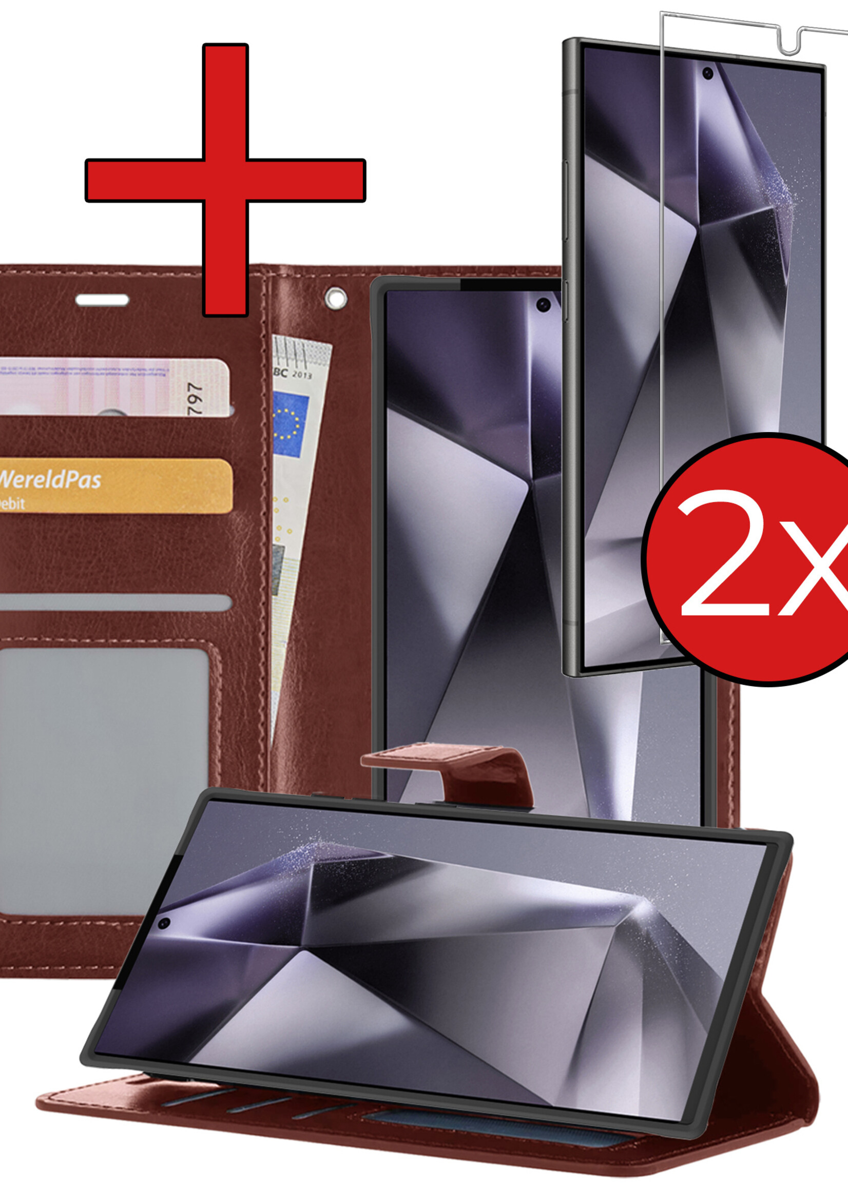 BTH Hoesje Geschikt voor Samsung S24 Ultra Hoesje Book Case Hoes Portemonnee Cover Walletcase Met 2x Screenprotector - Hoes Geschikt voor Samsung Galaxy S24 Ultra Hoes Bookcase Hoesje - Bruin