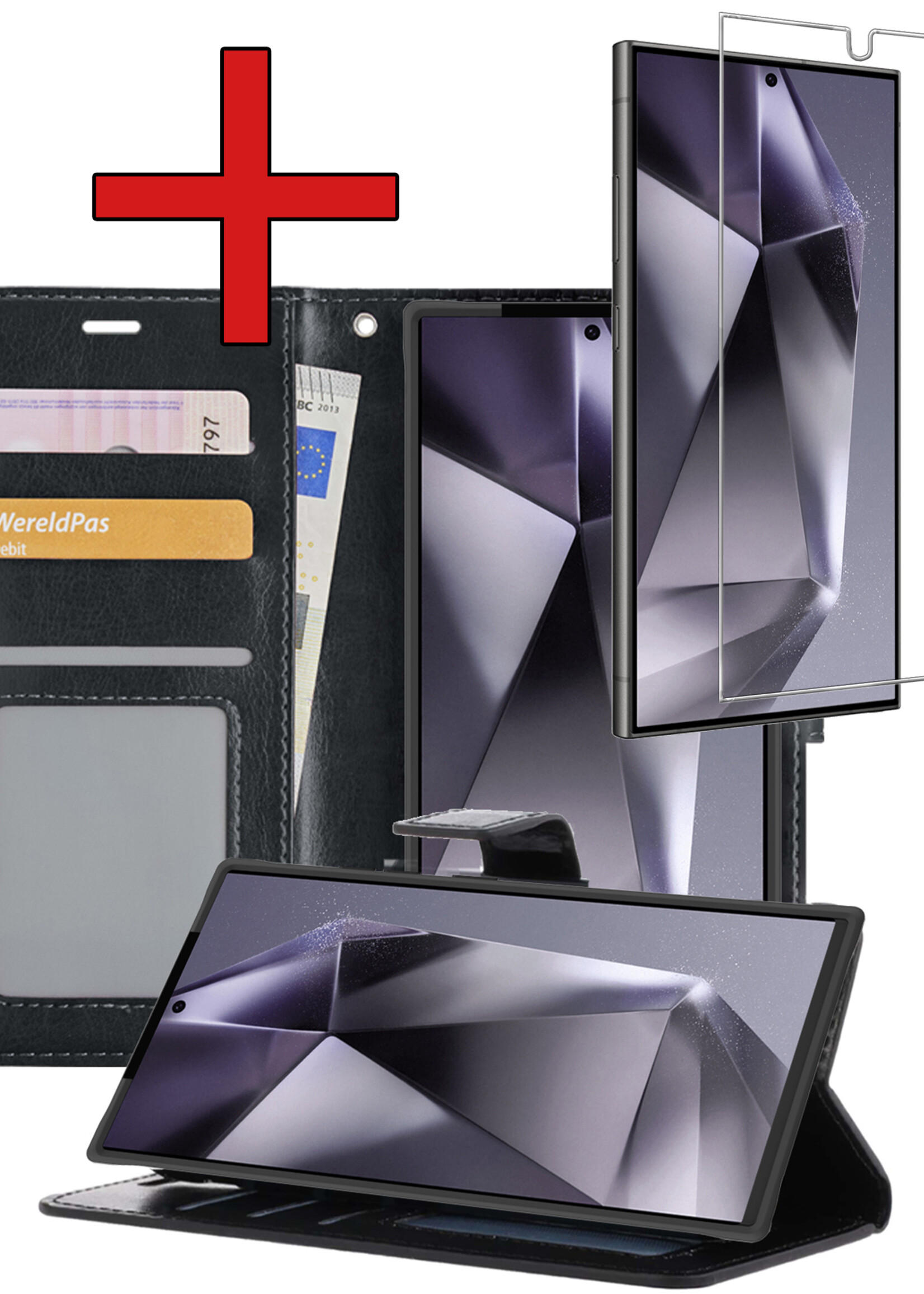 BTH Hoesje Geschikt voor Samsung S24 Ultra Hoesje Book Case Hoes Portemonnee Cover Walletcase Met Screenprotector - Hoes Geschikt voor Samsung Galaxy S24 Ultra Hoes Bookcase Hoesje - Zwart
