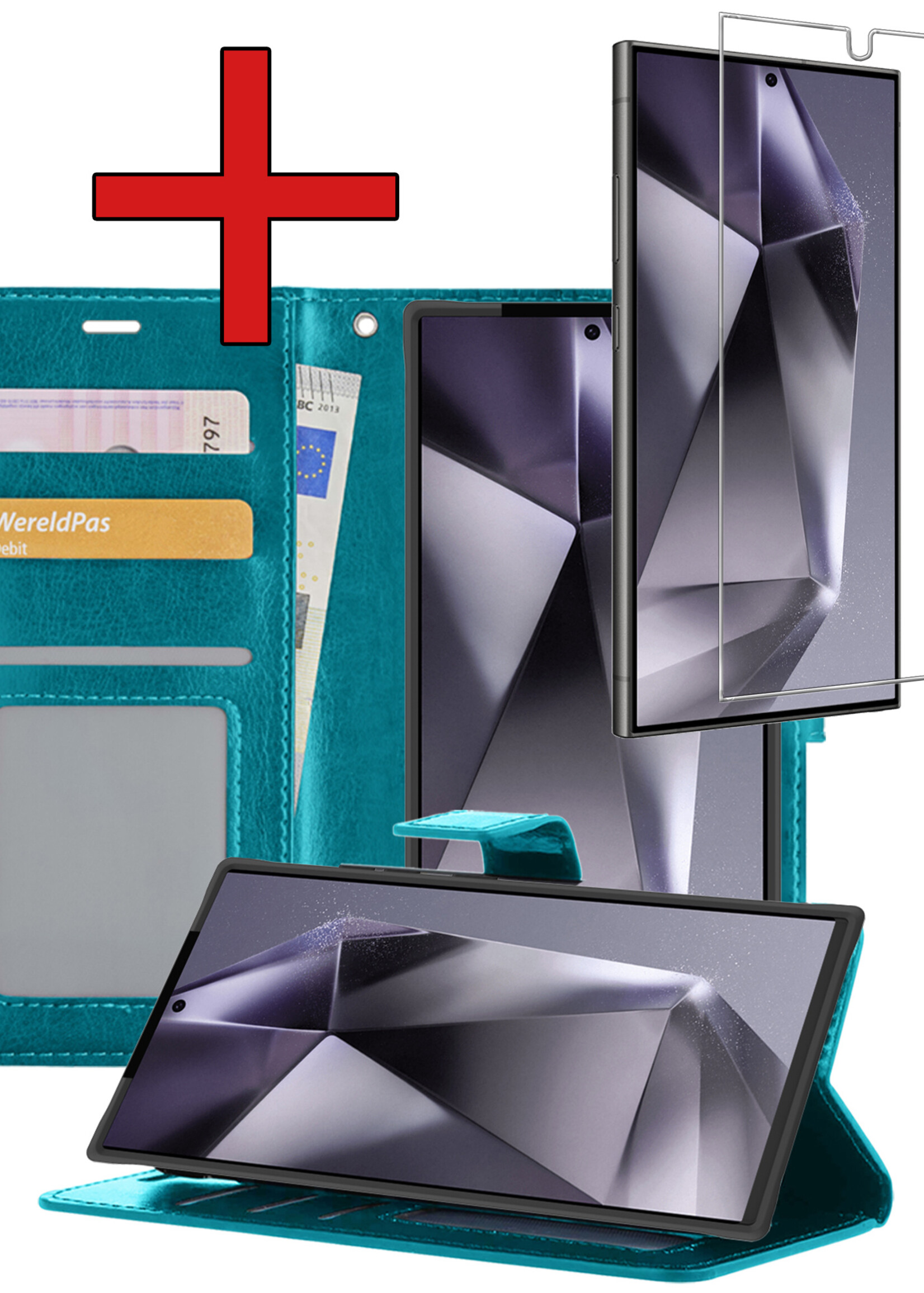 BTH Hoesje Geschikt voor Samsung S24 Ultra Hoesje Book Case Hoes Portemonnee Cover Walletcase Met Screenprotector - Hoes Geschikt voor Samsung Galaxy S24 Ultra Hoes Bookcase Hoesje - Turquoise