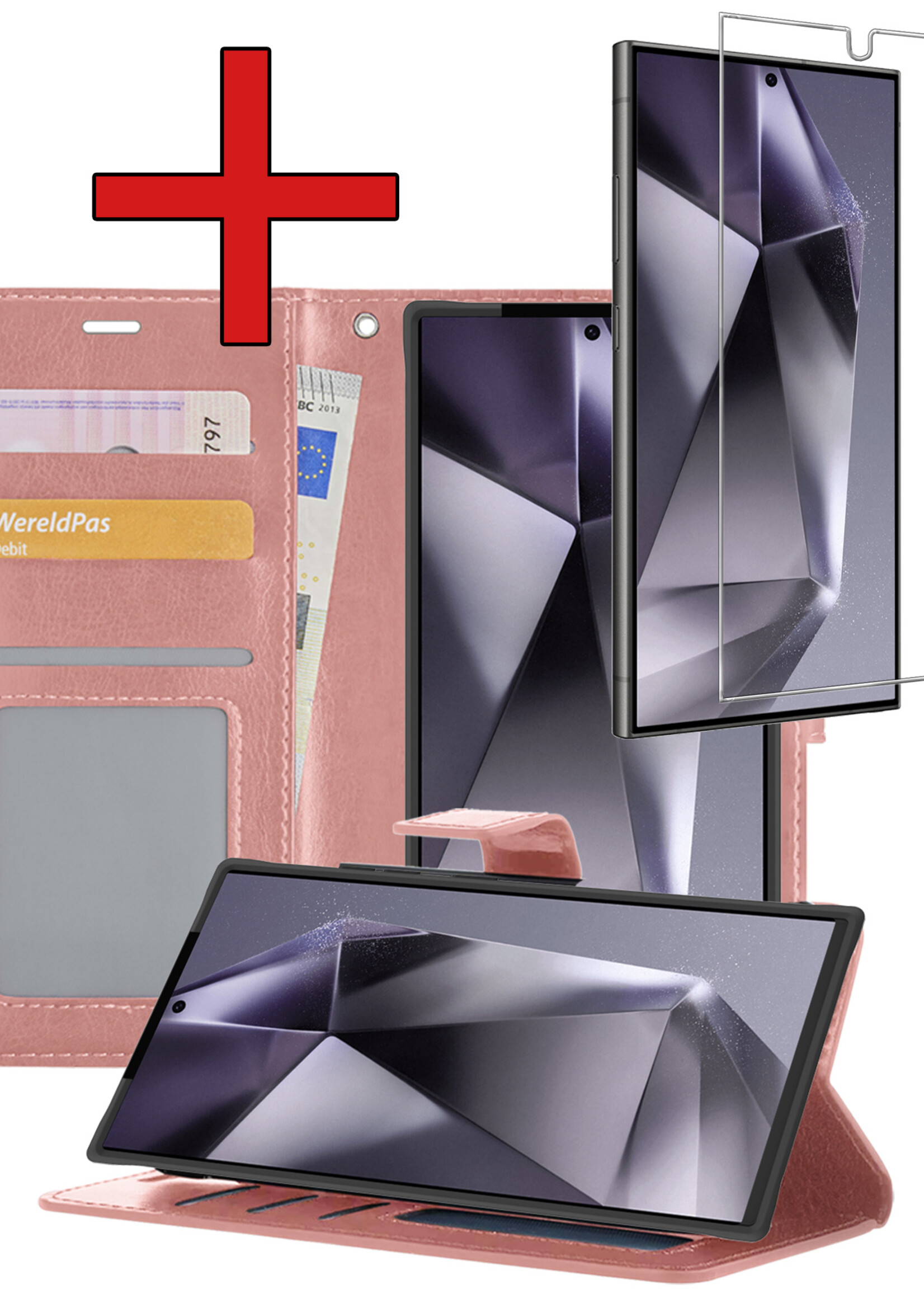 BTH Hoesje Geschikt voor Samsung S24 Ultra Hoesje Book Case Hoes Portemonnee Cover Walletcase Met Screenprotector - Hoes Geschikt voor Samsung Galaxy S24 Ultra Hoes Bookcase Hoesje - Rosé goud