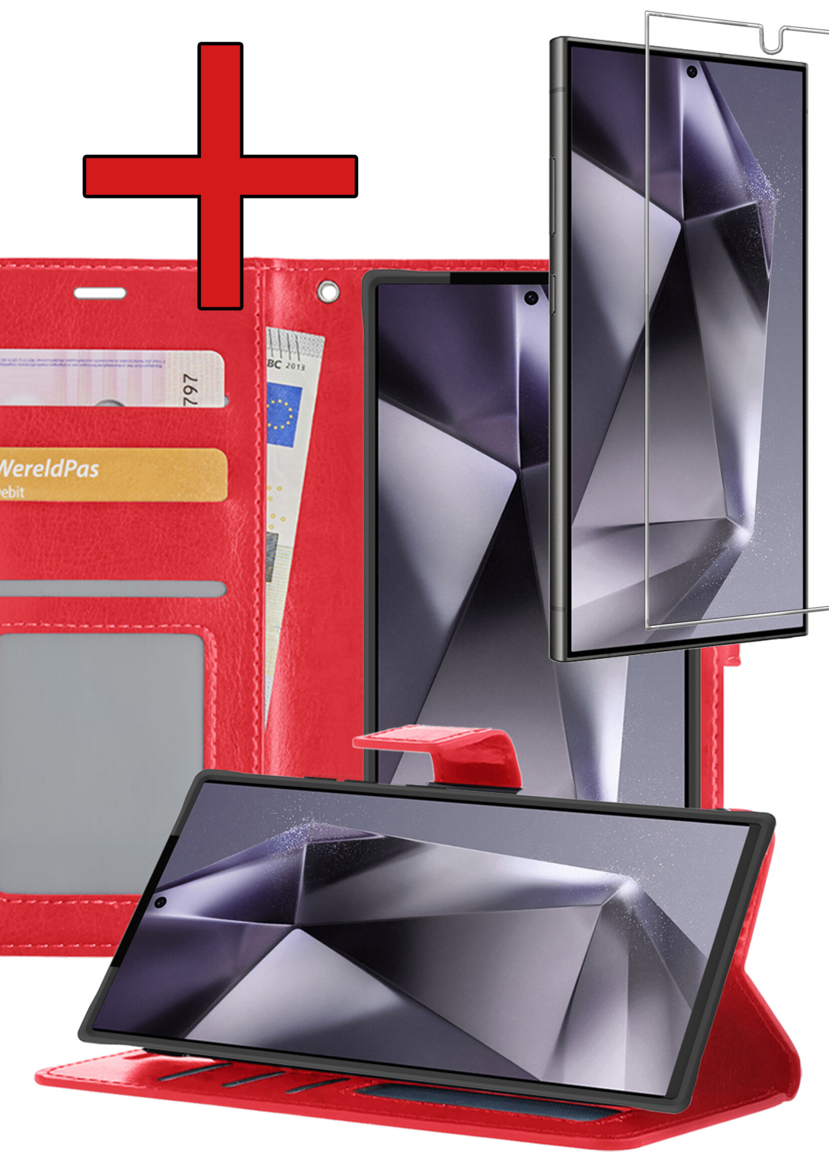 BTH Hoesje Geschikt voor Samsung S24 Ultra Hoesje Book Case Hoes Portemonnee Cover Walletcase Met Screenprotector - Hoes Geschikt voor Samsung Galaxy S24 Ultra Hoes Bookcase Hoesje - Rood