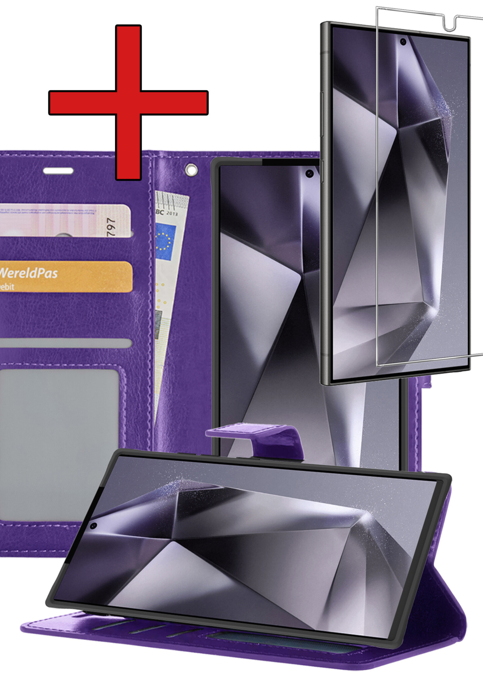 BTH Hoesje Geschikt voor Samsung S24 Ultra Hoesje Book Case Hoes Portemonnee Cover Walletcase Met Screenprotector - Hoes Geschikt voor Samsung Galaxy S24 Ultra Hoes Bookcase Hoesje - Paars