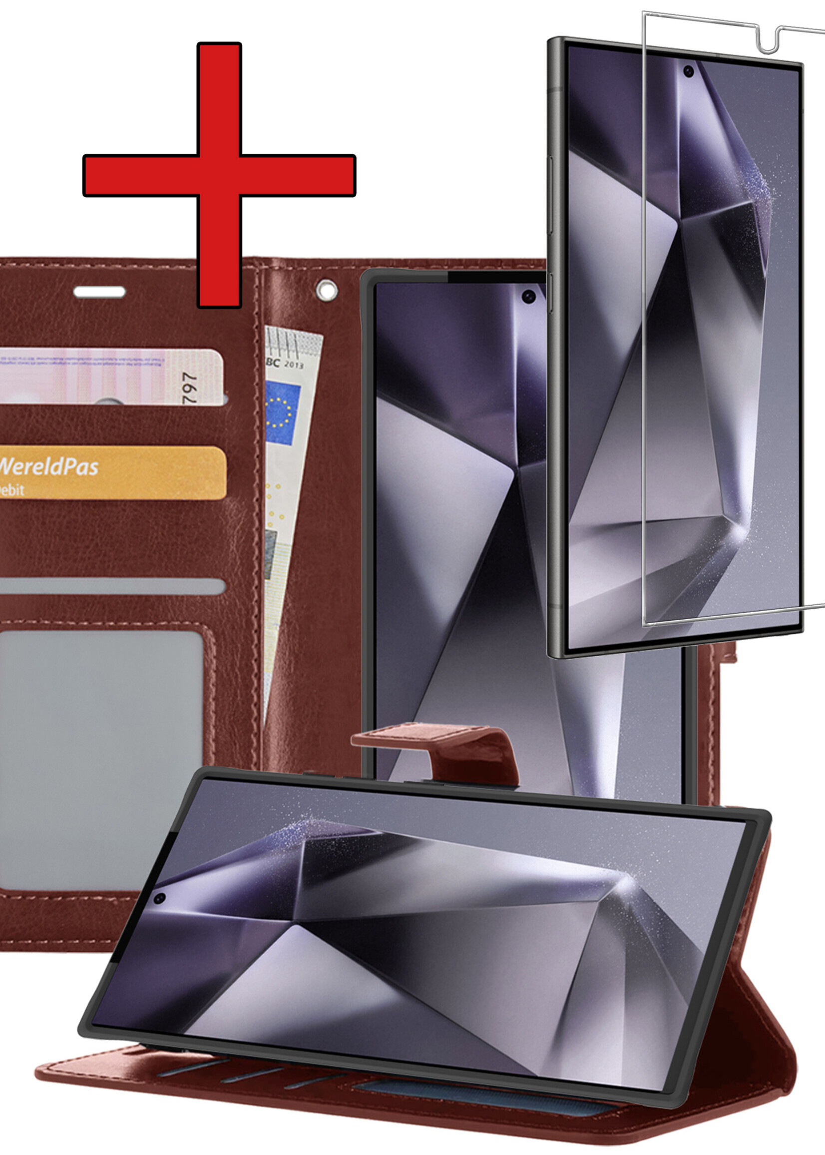 BTH Hoesje Geschikt voor Samsung S24 Ultra Hoesje Book Case Hoes Portemonnee Cover Walletcase Met Screenprotector - Hoes Geschikt voor Samsung Galaxy S24 Ultra Hoes Bookcase Hoesje - Bruin