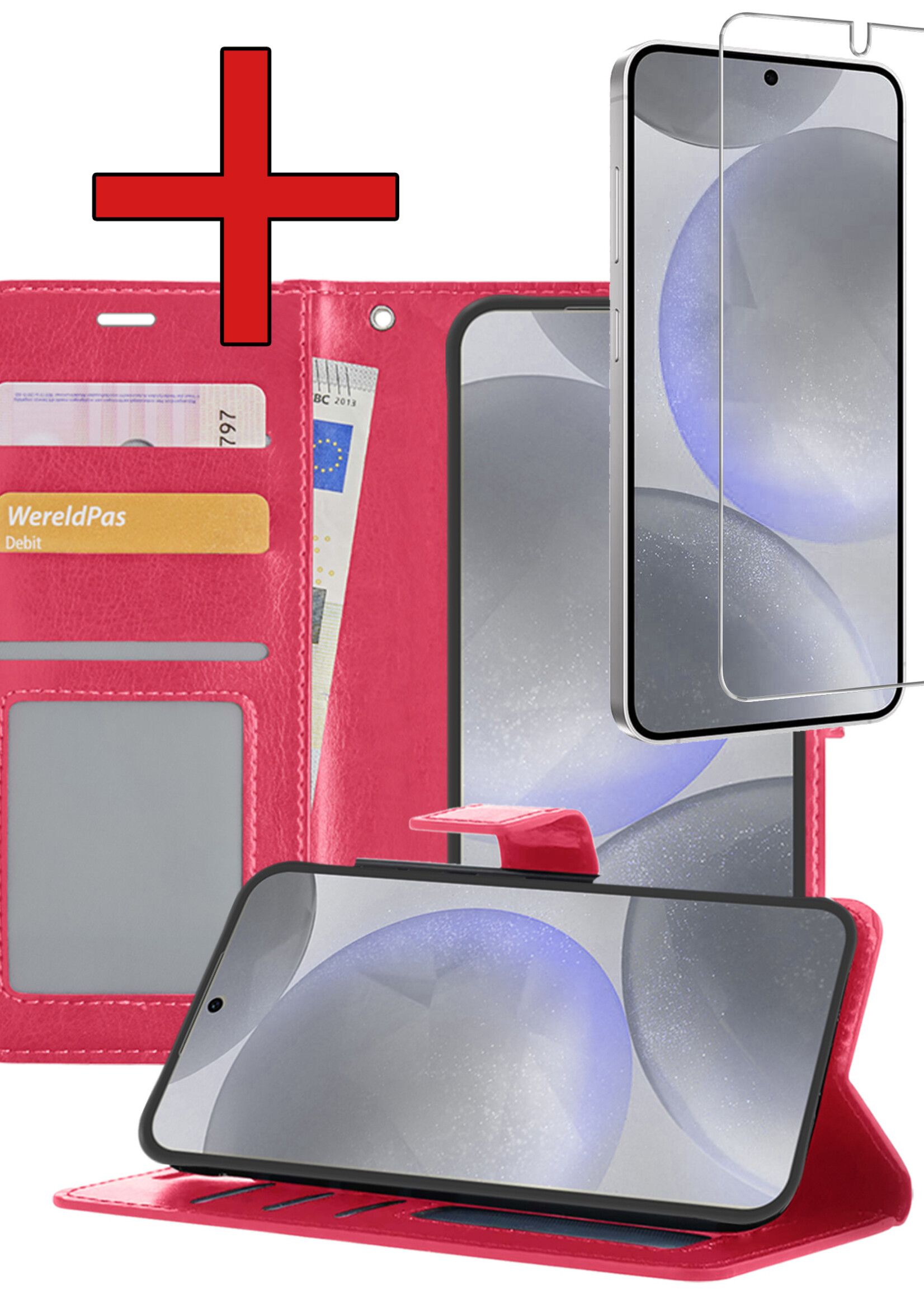 BTH Hoesje Geschikt voor Samsung S24 Hoesje Book Case Hoes Portemonnee Cover Walletcase Met Screenprotector - Hoes Geschikt voor Samsung Galaxy S24 Hoes Bookcase Hoesje - Donkerroze