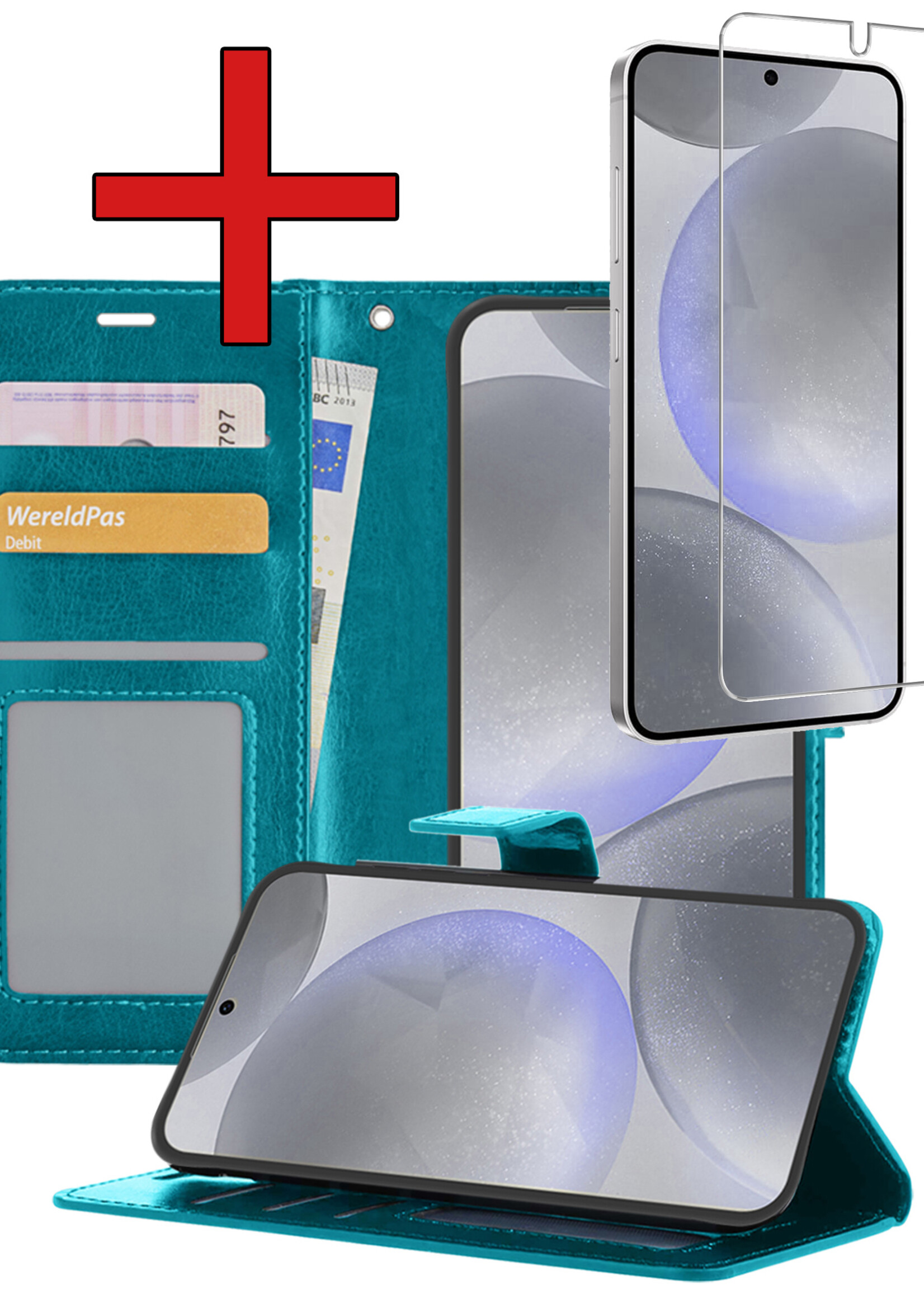 BTH Hoesje Geschikt voor Samsung S24 Hoesje Book Case Hoes Portemonnee Cover Walletcase Met Screenprotector - Hoes Geschikt voor Samsung Galaxy S24 Hoes Bookcase Hoesje - Turquoise