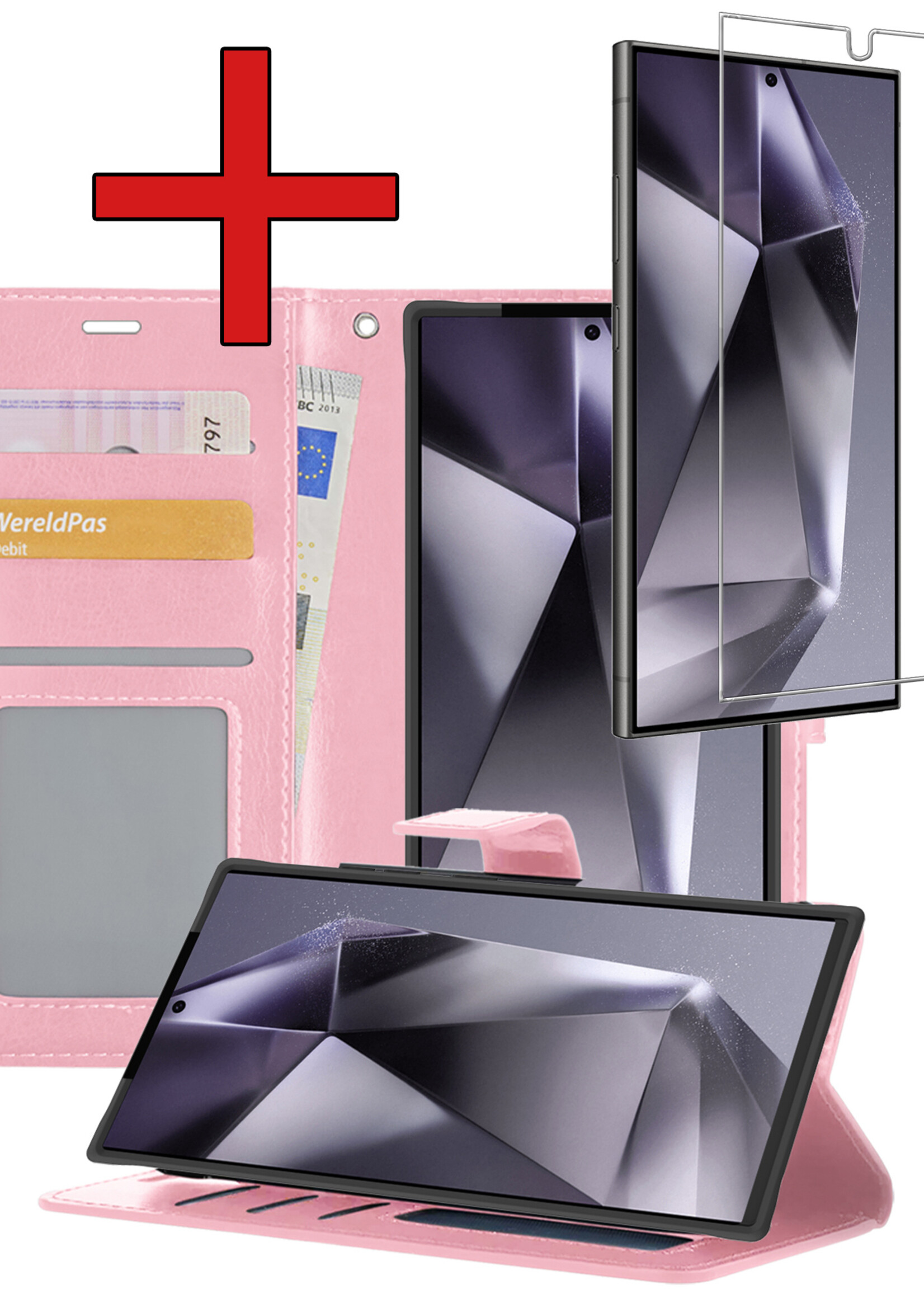 BTH Hoesje Geschikt voor Samsung S24 Ultra Hoesje Book Case Hoes Portemonnee Cover Walletcase Met Screenprotector - Hoes Geschikt voor Samsung Galaxy S24 Ultra Hoes Bookcase Hoesje - Lichtroze