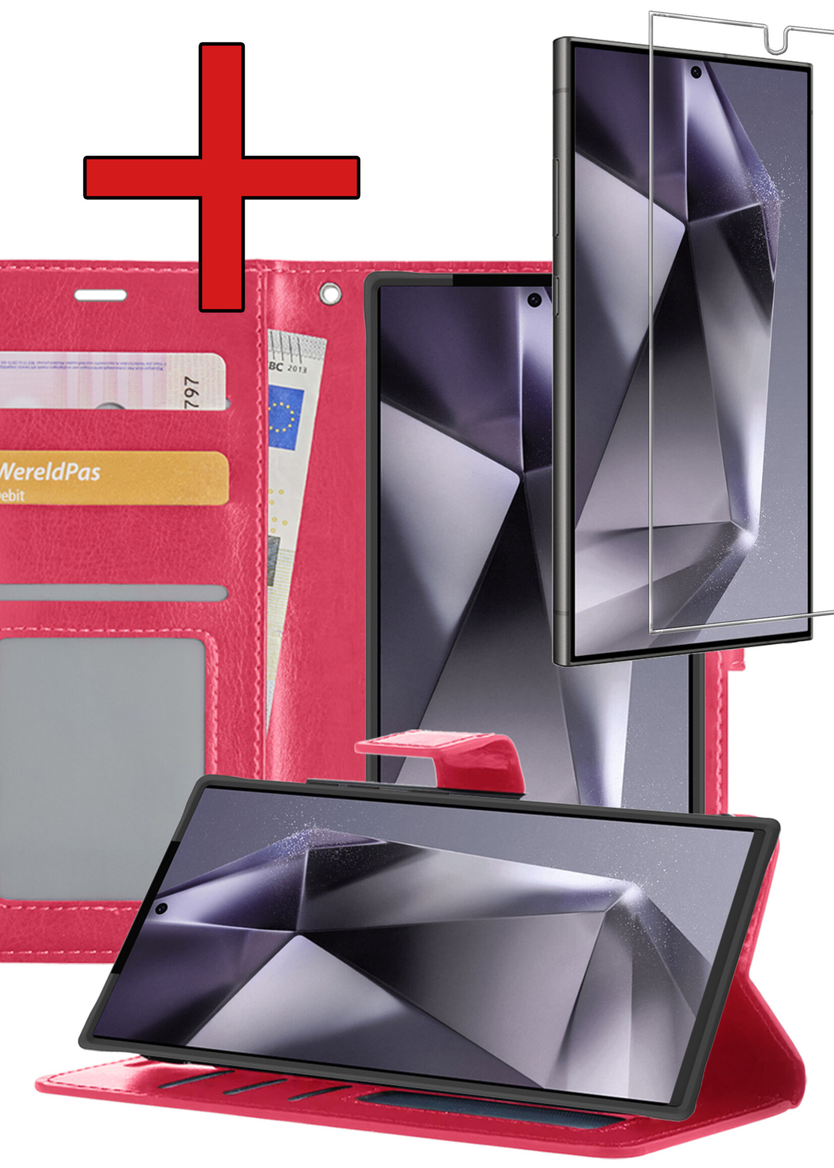 BTH Hoesje Geschikt voor Samsung S24 Ultra Hoesje Book Case Hoes Portemonnee Cover Walletcase Met Screenprotector - Hoes Geschikt voor Samsung Galaxy S24 Ultra Hoes Bookcase Hoesje - Donkerroze