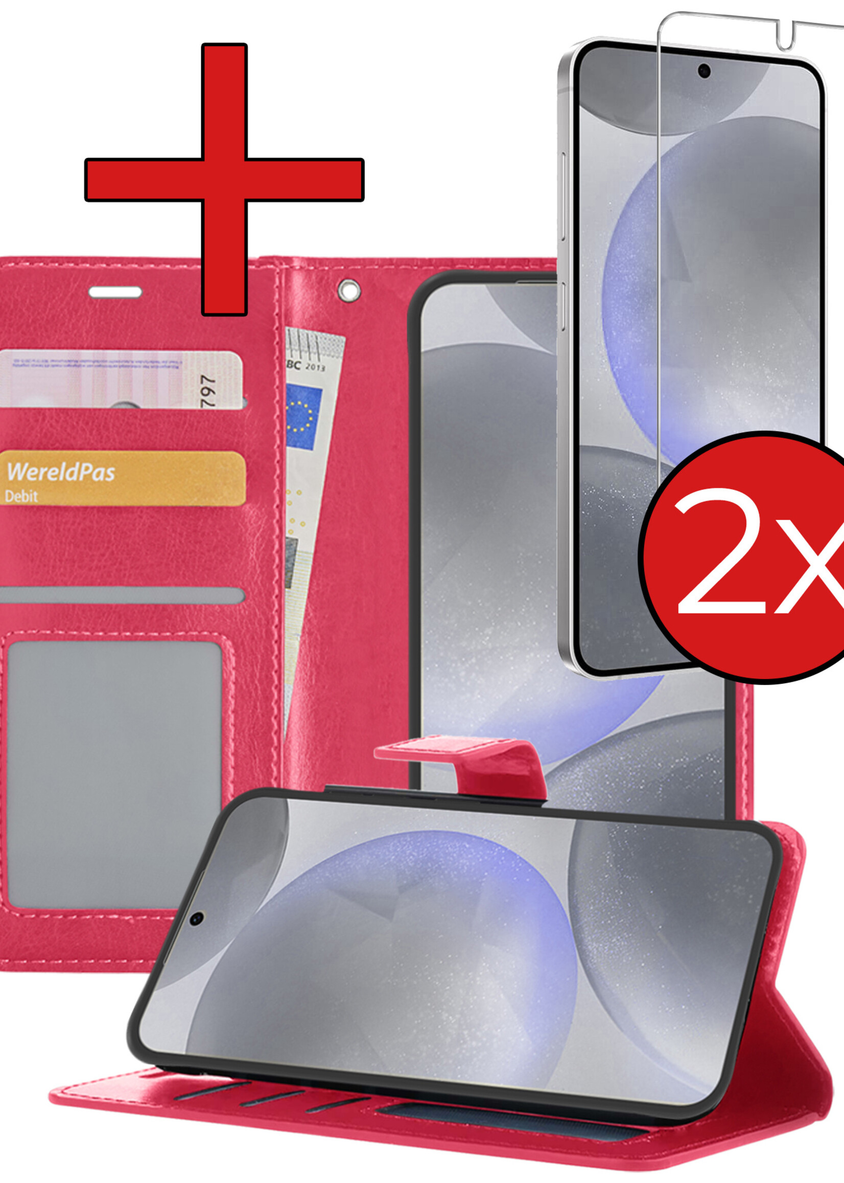 BTH Hoesje Geschikt voor Samsung S24 Hoesje Book Case Hoes Portemonnee Cover Walletcase Met 2x Screenprotector - Hoes Geschikt voor Samsung Galaxy S24 Hoes Bookcase Hoesje - Donkerroze