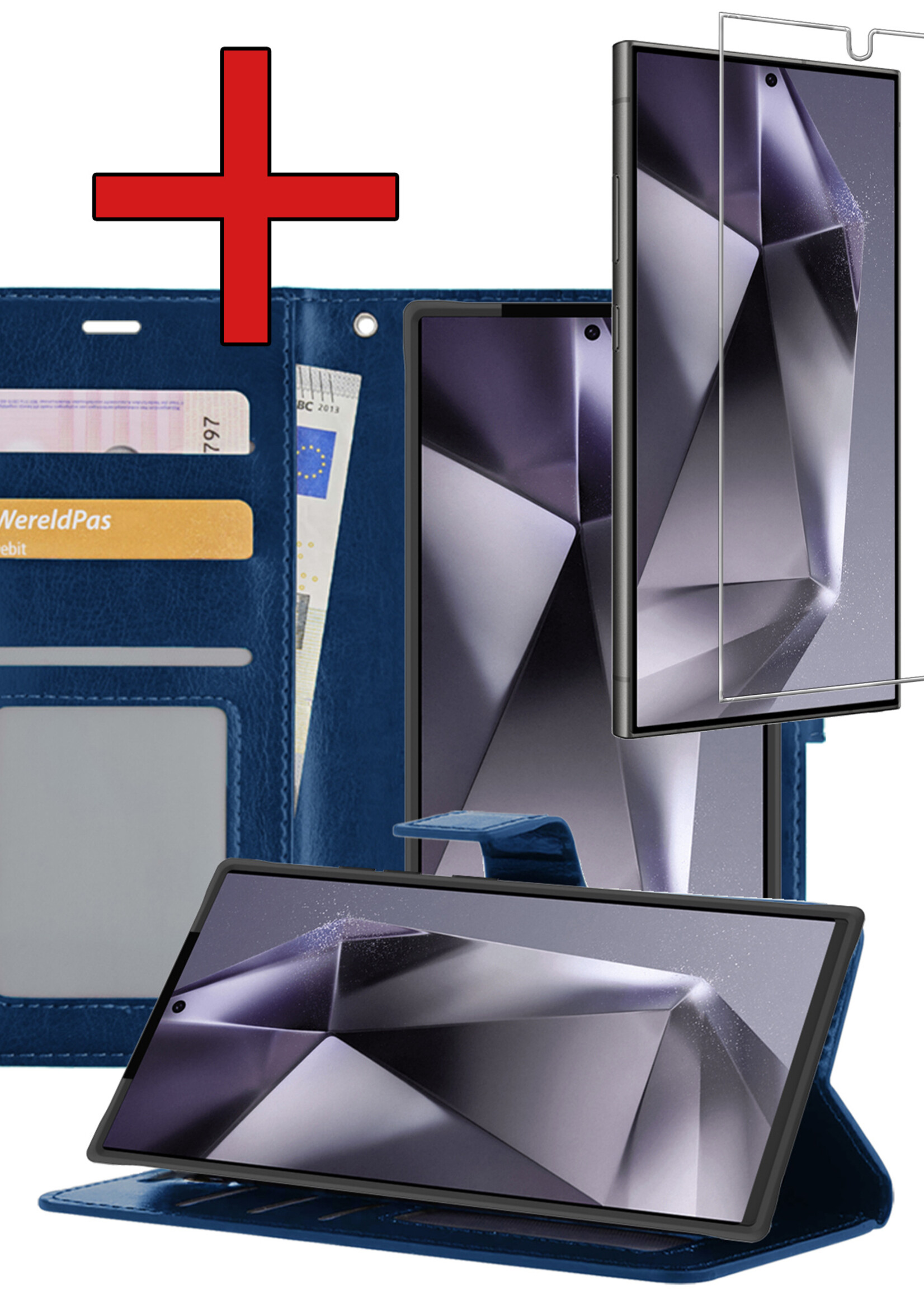 BTH Hoesje Geschikt voor Samsung S24 Ultra Hoesje Book Case Hoes Portemonnee Cover Walletcase Met Screenprotector - Hoes Geschikt voor Samsung Galaxy S24 Ultra Hoes Bookcase Hoesje - Donkerblauw