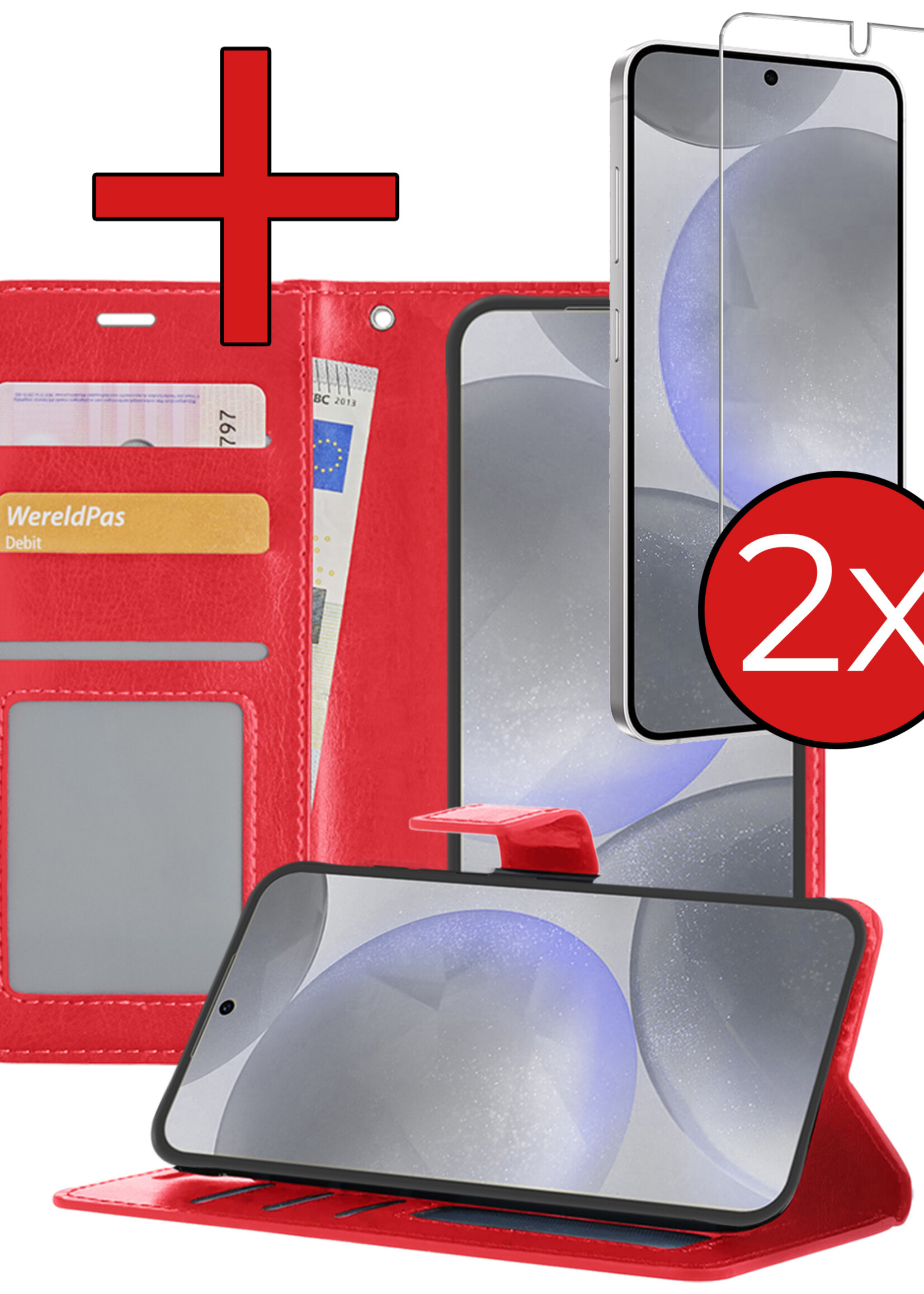 BTH Hoesje Geschikt voor Samsung S24 Hoesje Book Case Hoes Portemonnee Cover Walletcase Met 2x Screenprotector - Hoes Geschikt voor Samsung Galaxy S24 Hoes Bookcase Hoesje - Rood