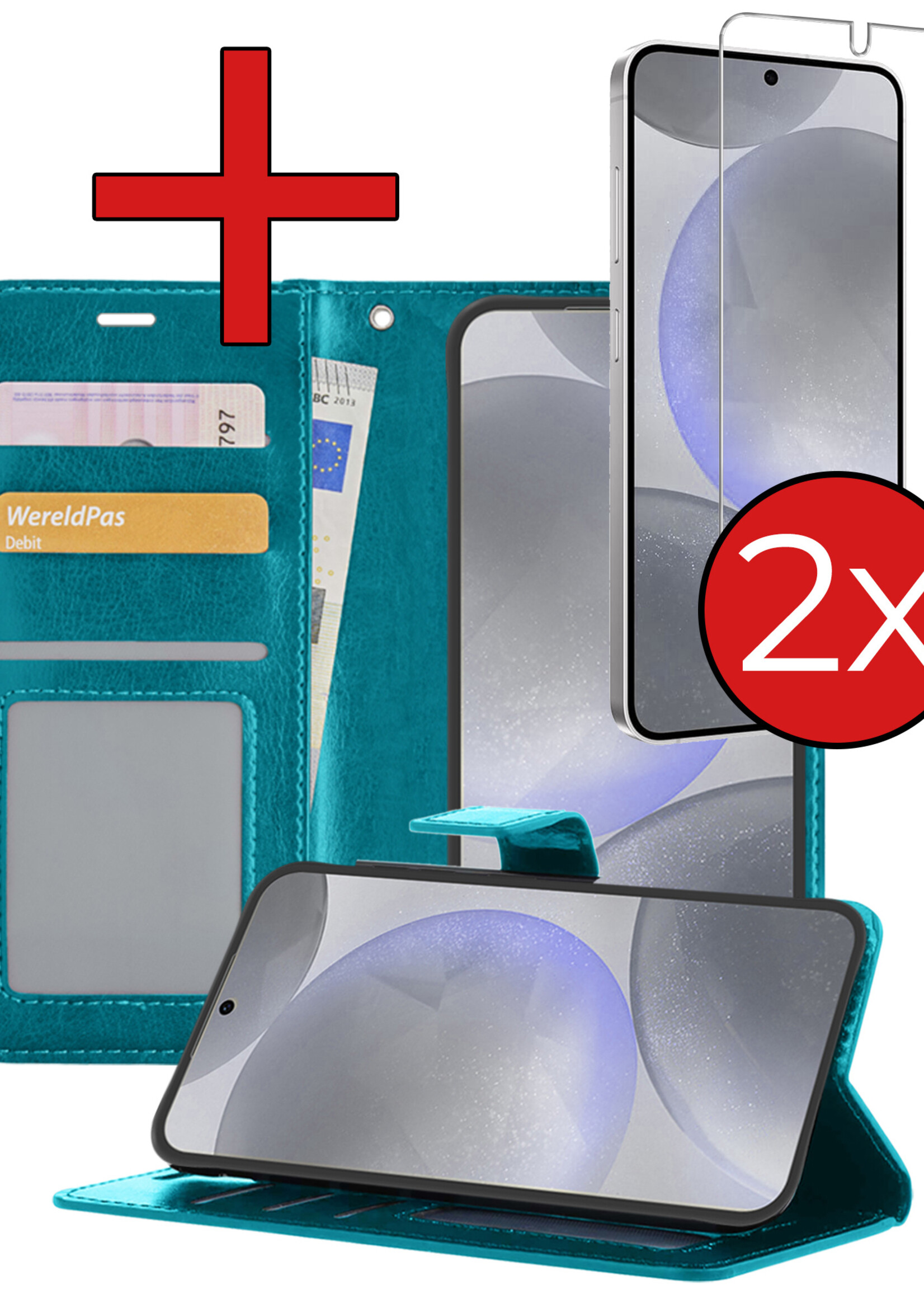 BTH Hoesje Geschikt voor Samsung S24 Hoesje Book Case Hoes Portemonnee Cover Walletcase Met 2x Screenprotector - Hoes Geschikt voor Samsung Galaxy S24 Hoes Bookcase Hoesje - Turquoise