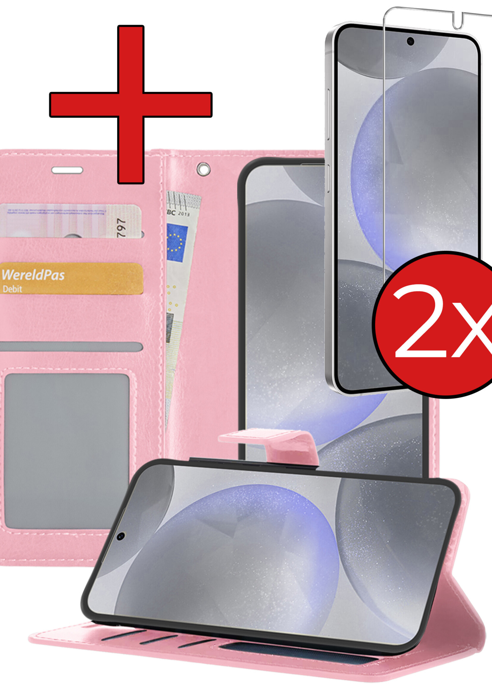 BTH Hoesje Geschikt voor Samsung S24 Plus Hoesje Book Case Hoes Portemonnee Cover Walletcase Met 2x Screenprotector - Hoes Geschikt voor Samsung Galaxy S24 Plus Hoes Bookcase Hoesje - Lichtroze