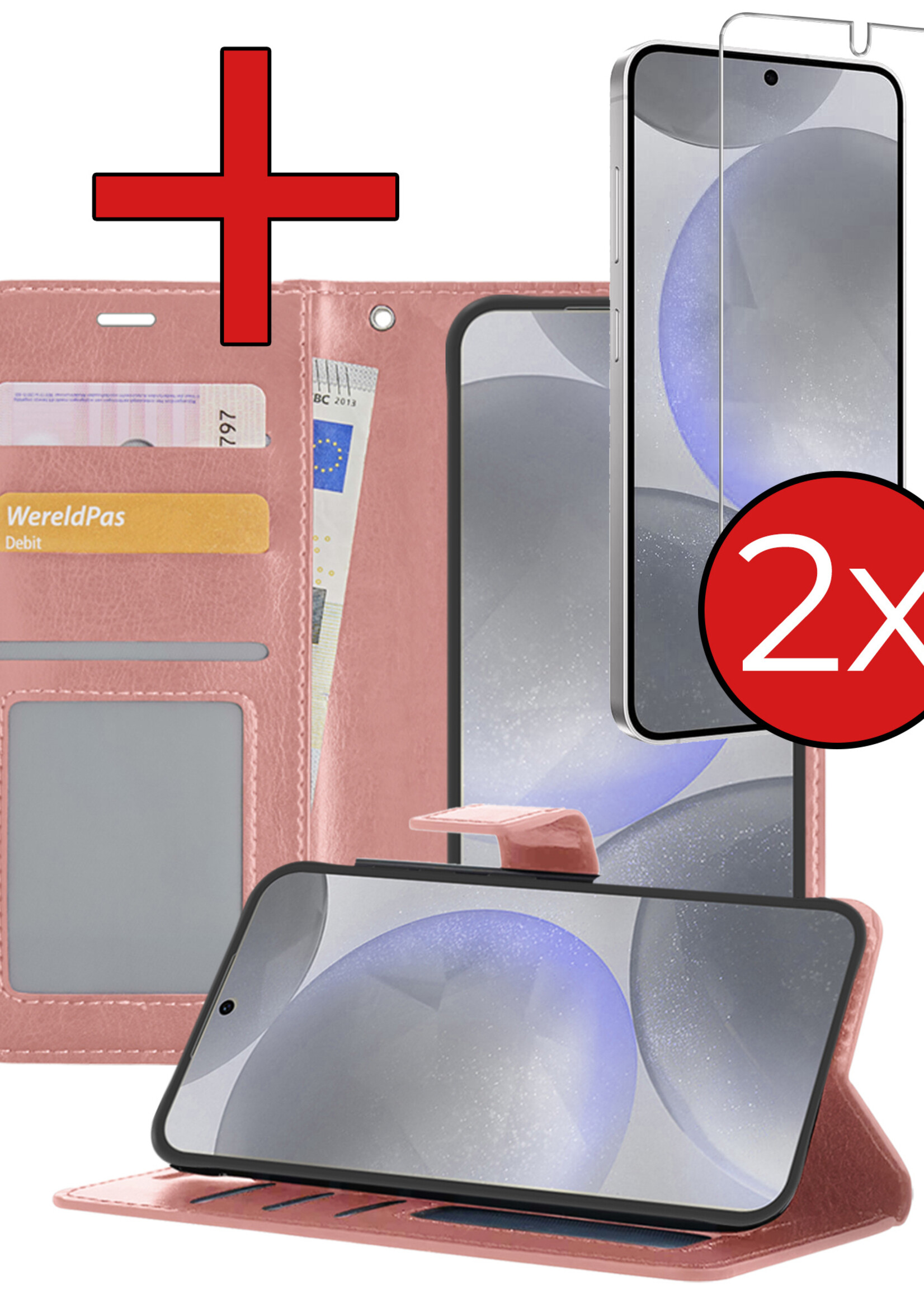 BTH Hoesje Geschikt voor Samsung S24 Plus Hoesje Book Case Hoes Portemonnee Cover Walletcase Met 2x Screenprotector - Hoes Geschikt voor Samsung Galaxy S24 Plus Hoes Bookcase Hoesje - Rosé goud