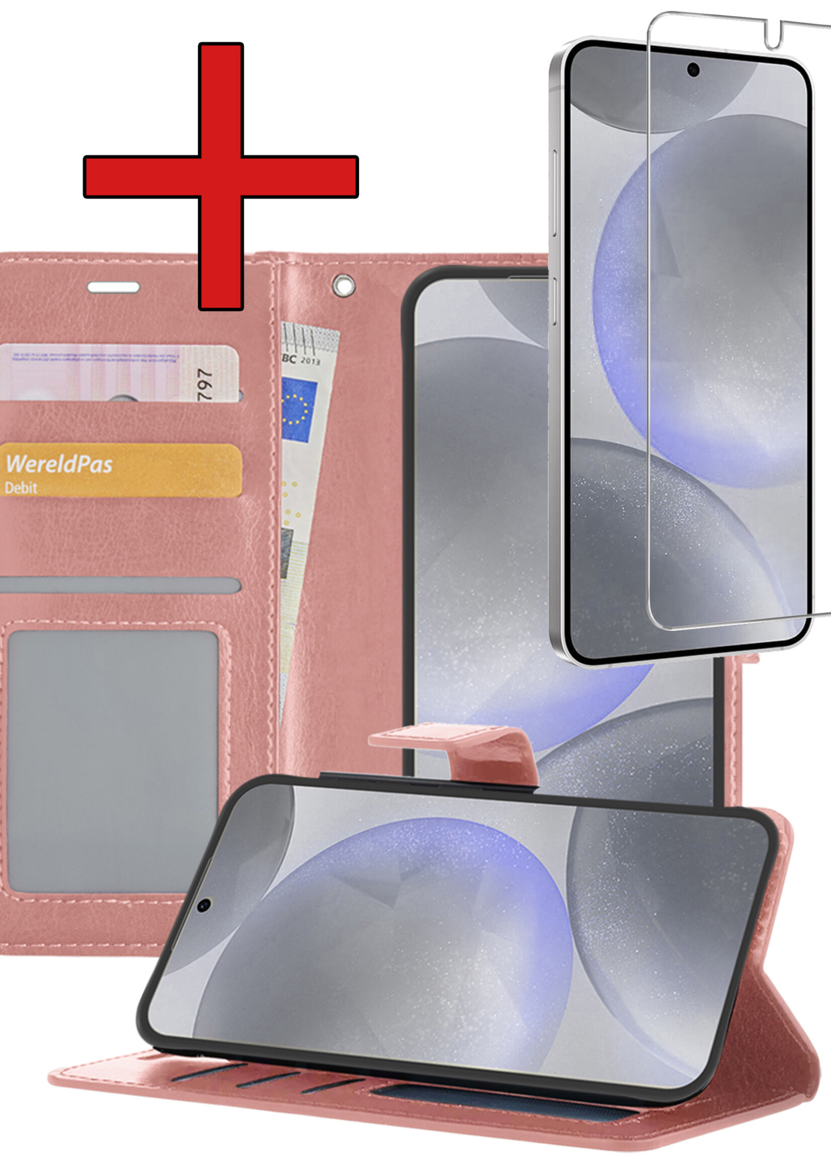 BTH Hoesje Geschikt voor Samsung S24 Plus Hoesje Book Case Hoes Portemonnee Cover Walletcase Met Screenprotector - Hoes Geschikt voor Samsung Galaxy S24 Plus Hoes Bookcase Hoesje - Rosé goud