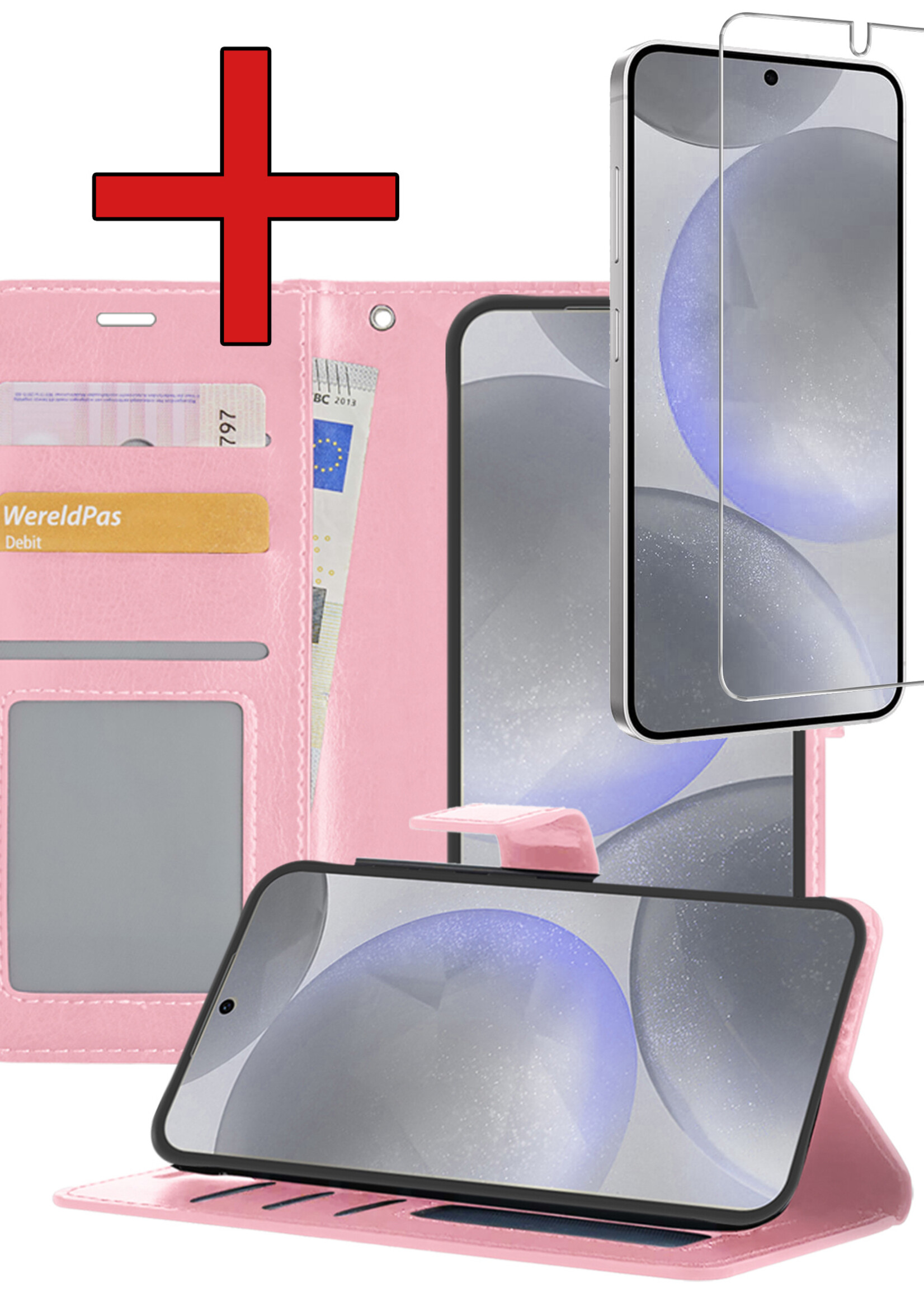 BTH Hoesje Geschikt voor Samsung S24 Plus Hoesje Book Case Hoes Portemonnee Cover Walletcase Met Screenprotector - Hoes Geschikt voor Samsung Galaxy S24 Plus Hoes Bookcase Hoesje - Lichtroze