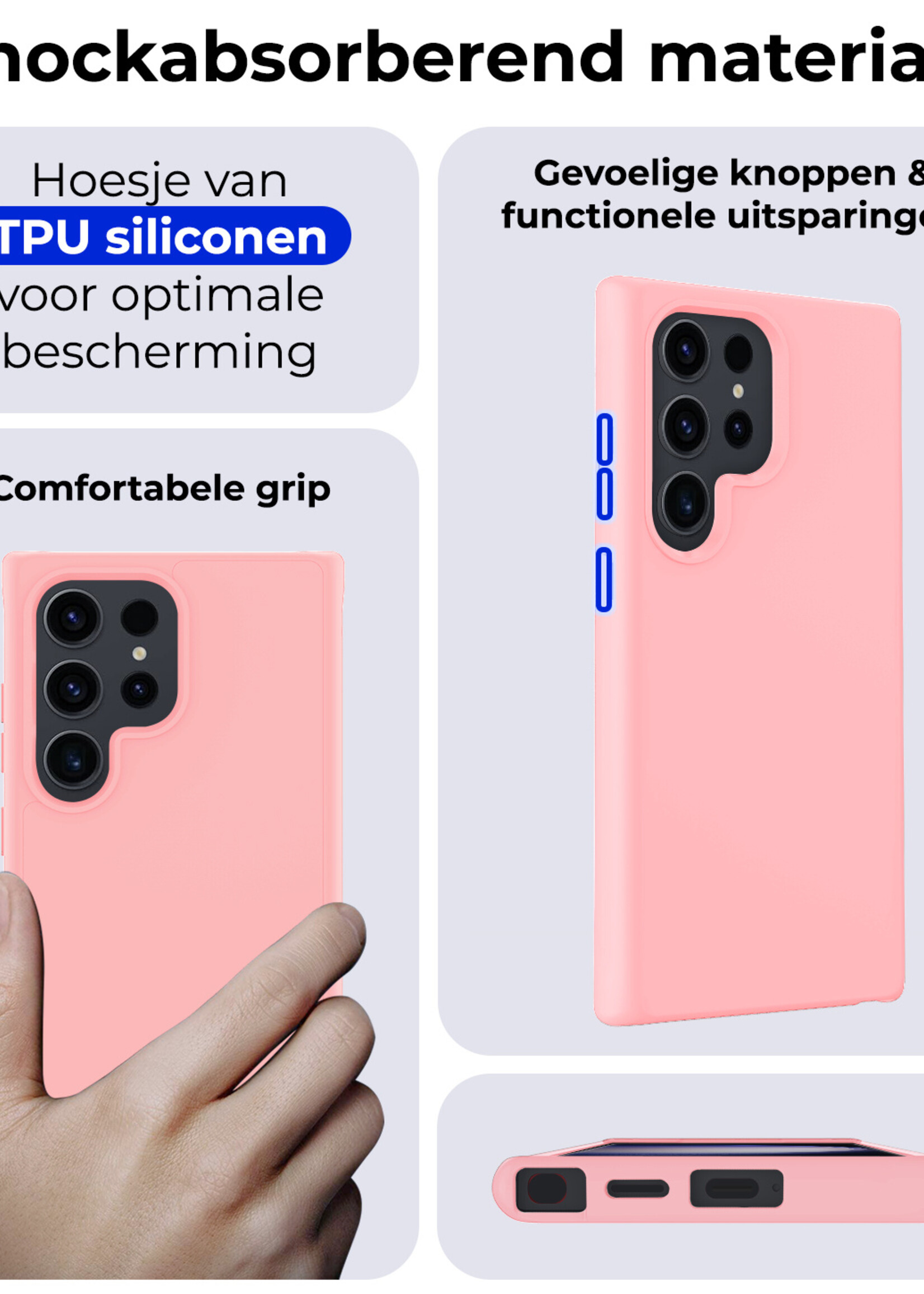 BTH Hoesje Geschikt voor Samsung S24 Ultra Hoesje Siliconen Case Hoes Met Screenprotector - Hoes Geschikt voor Samsung Galaxy S24 Ultra Hoes Cover Case - Lichtroze