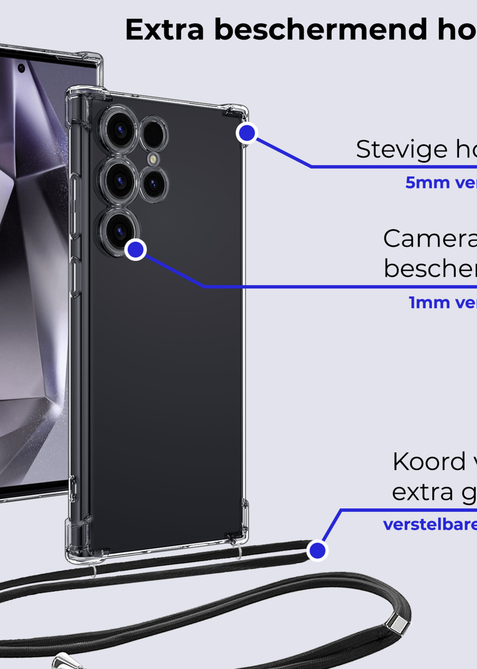 BTH Hoesje Geschikt voor Samsung S24 Ultra Hoesje Siliconen Shock Proof Hoesje Met Koord Case Met Telefoonkoord - Hoes Geschikt voor Samsung Galaxy S24 Ultra Hoesje Cover Shockproof Met Koord - Transparant