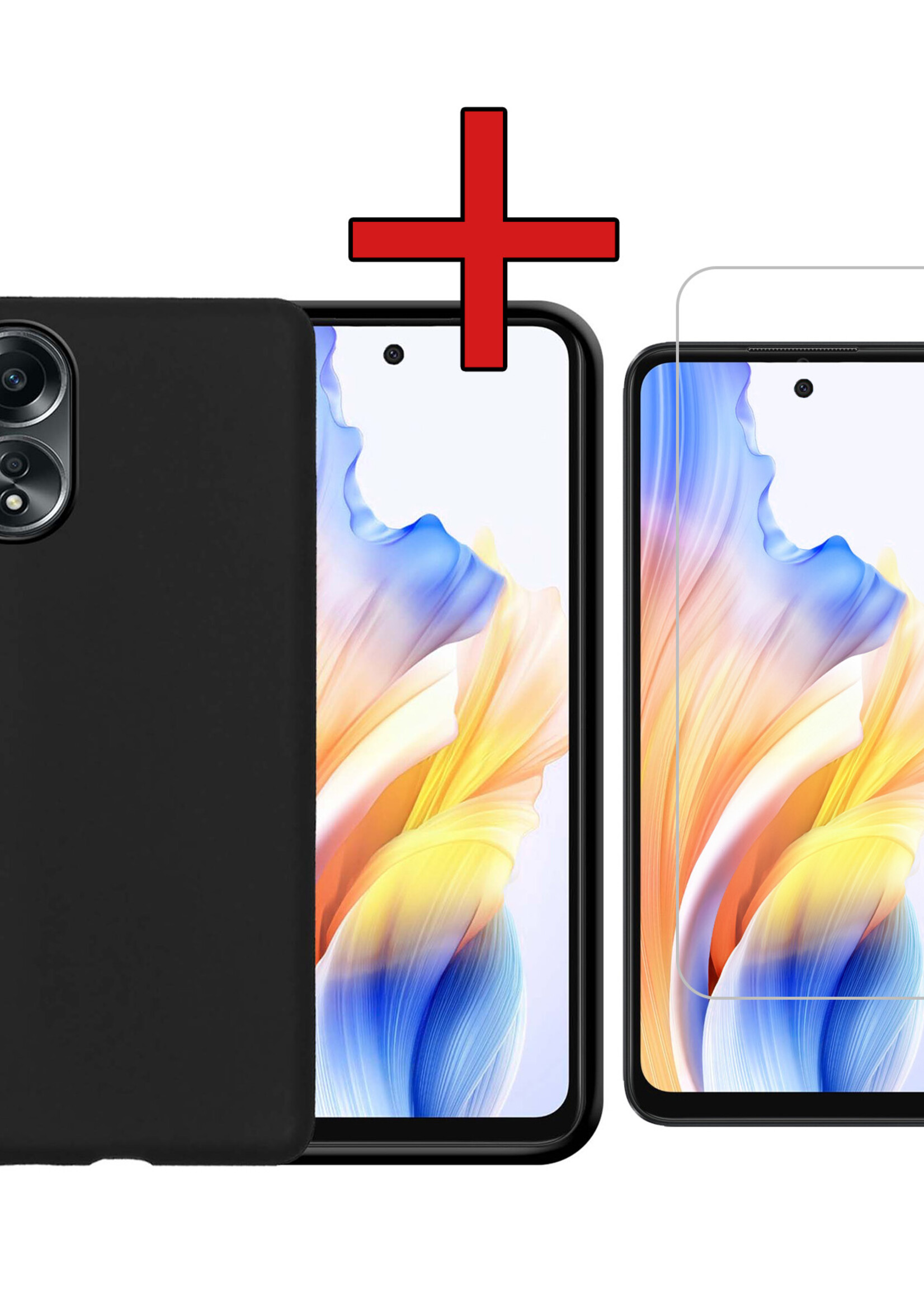 BTH Hoesje Geschikt voor OPPO A58 Hoesje Siliconen Case Hoes Met Screenprotector - Hoes Geschikt voor OPPO A58 Hoes Cover Case - Zwart