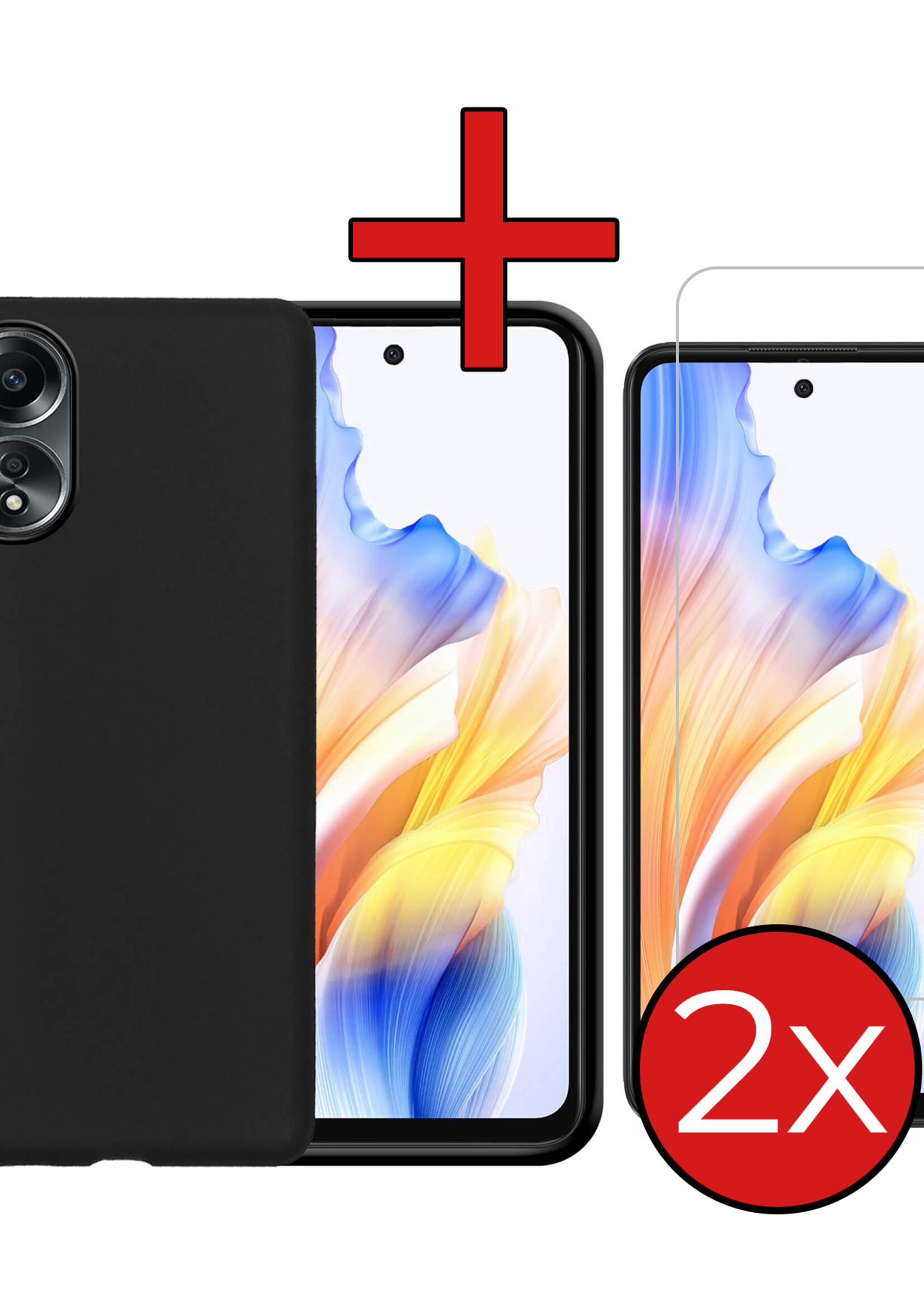 BTH Hoesje Geschikt voor OPPO A58 Hoesje Siliconen Case Hoes Met 2x Screenprotector - Hoes Geschikt voor OPPO A58 Hoes Cover Case - Zwart