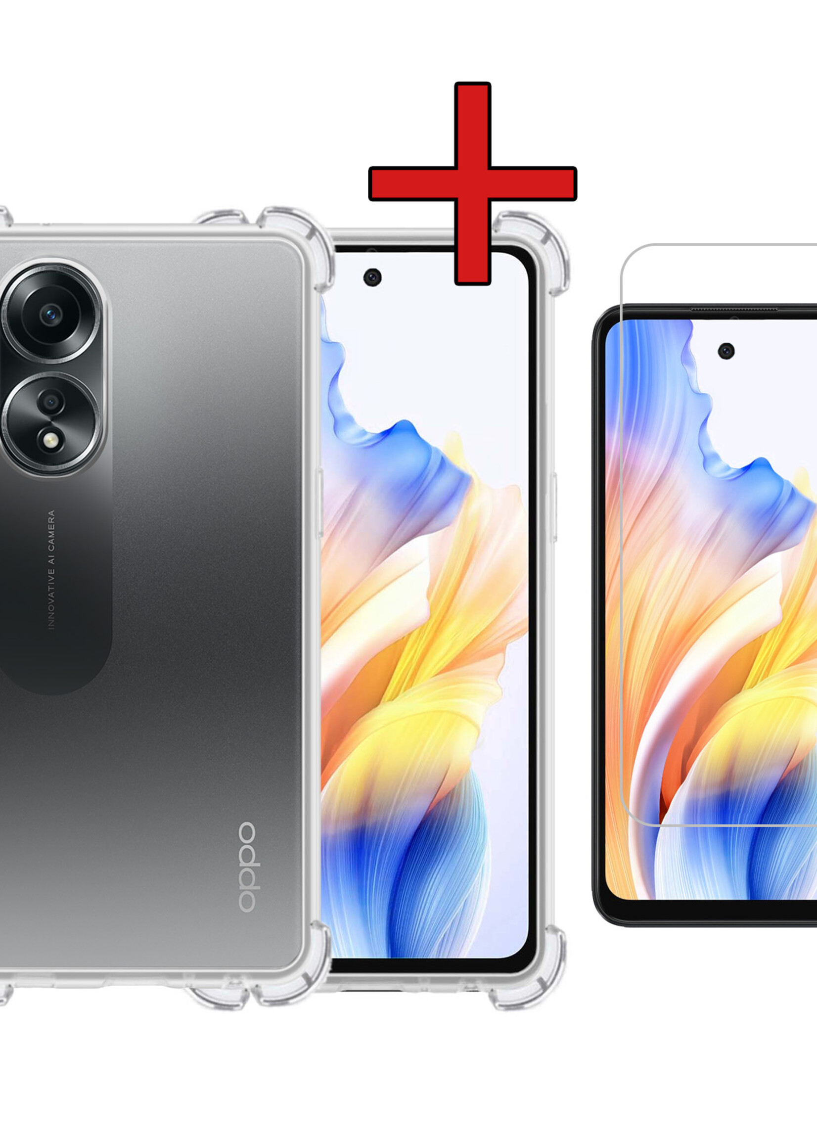 BTH Hoesje Geschikt voor OPPO A58 Hoesje Siliconen Shock Proof Case Hoes Met Screenprotector - Hoes Geschikt voor OPPO A58 Hoes Cover Case Shockproof - Transparant