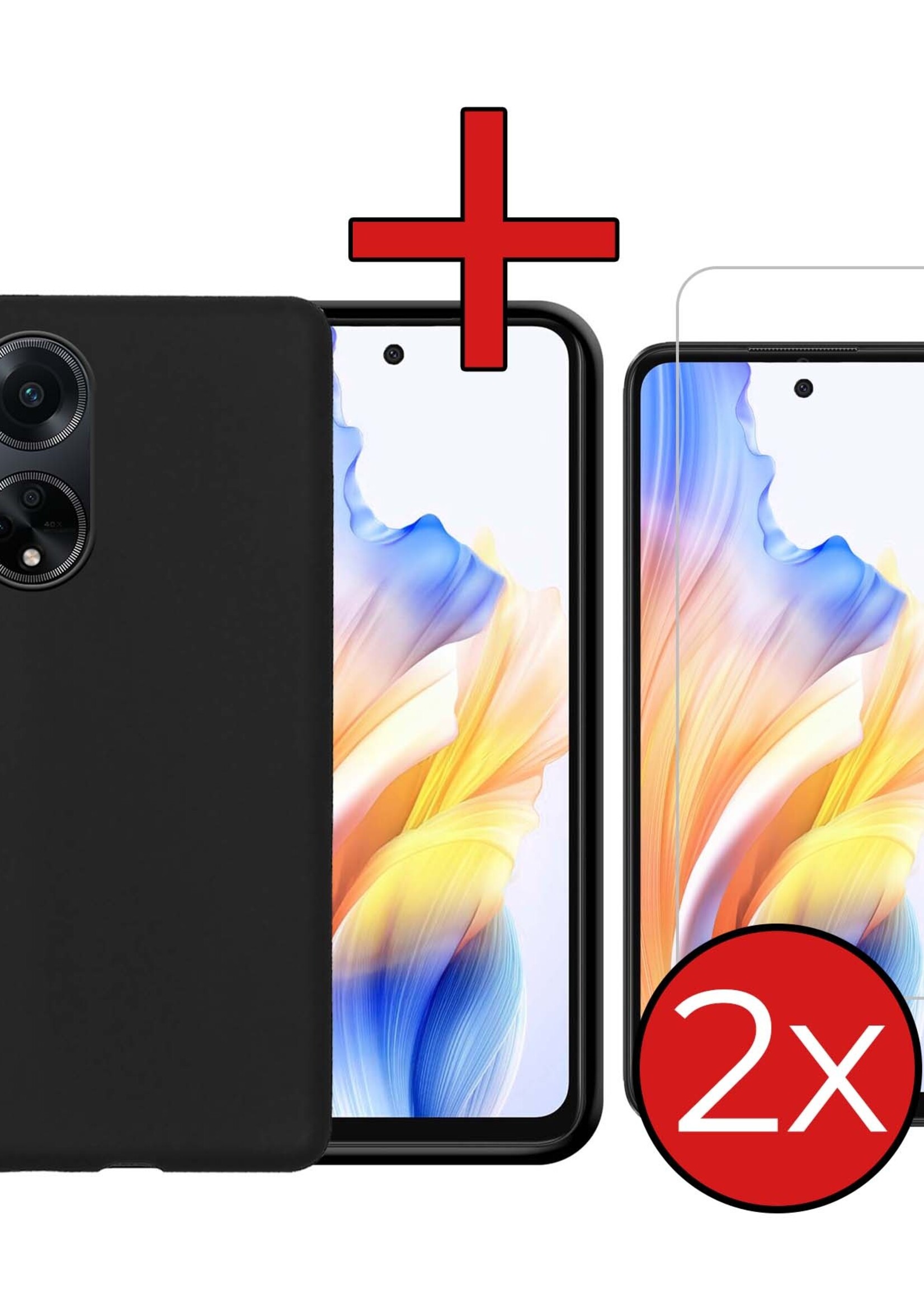 BTH Hoesje Geschikt voor OPPO A98 Hoesje Siliconen Case Hoes Met 2x Screenprotector - Hoes Geschikt voor OPPO A98 Hoes Cover Case - Zwart