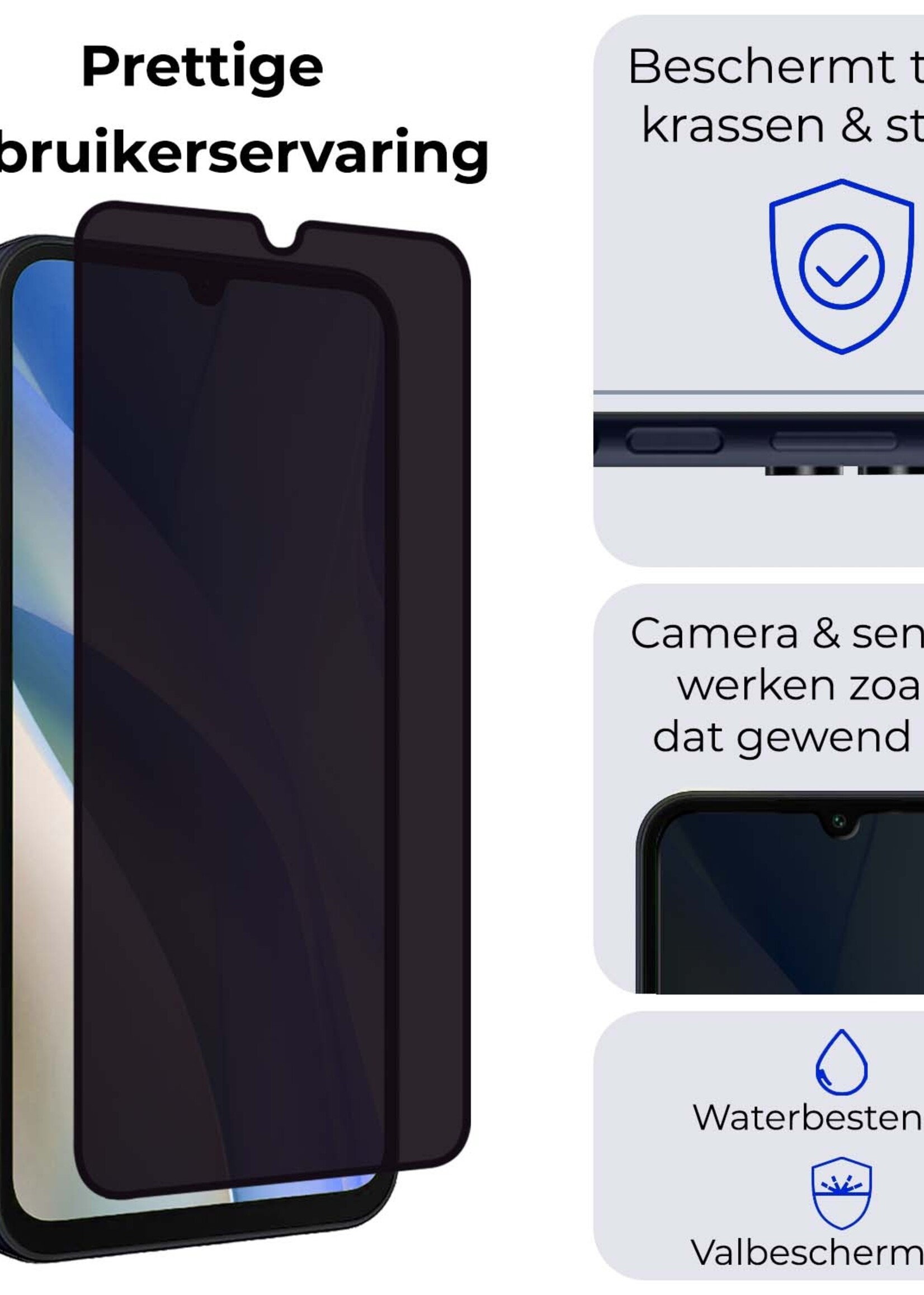 BTH Screenprotector Geschikt voor Samsung A15 Screenprotector Privacy Glas Gehard Full Cover - Screenprotector Geschikt voor Samsung Galaxy A15 Screenprotector Privacy Tempered Glass - 2 PACK