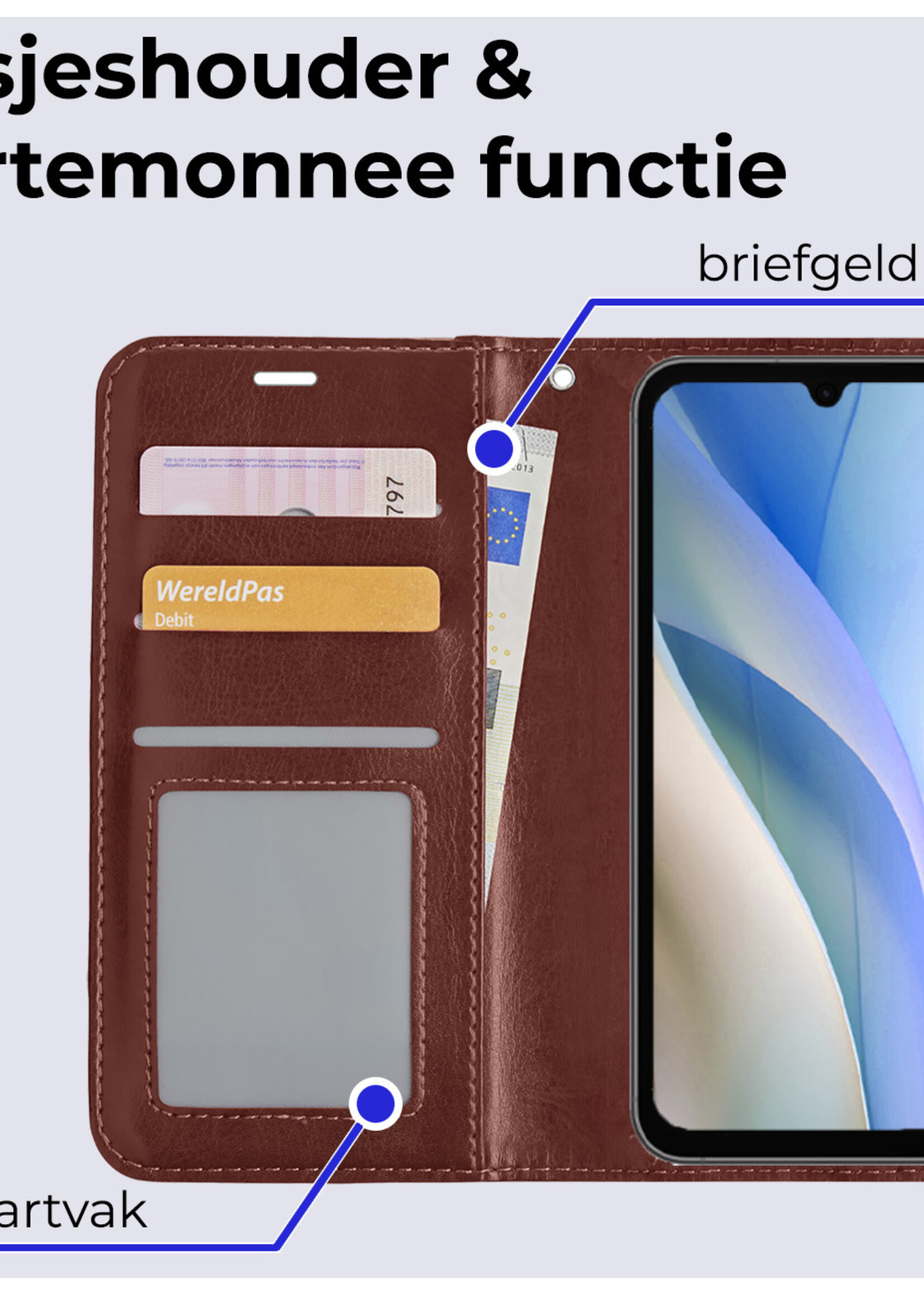 BTH Hoesje Geschikt voor Samsung A15 Hoesje Book Case Hoes Portemonnee Cover Walletcase - Hoes Geschikt voor Samsung Galaxy A15 Hoes Bookcase Hoesje - Bruin