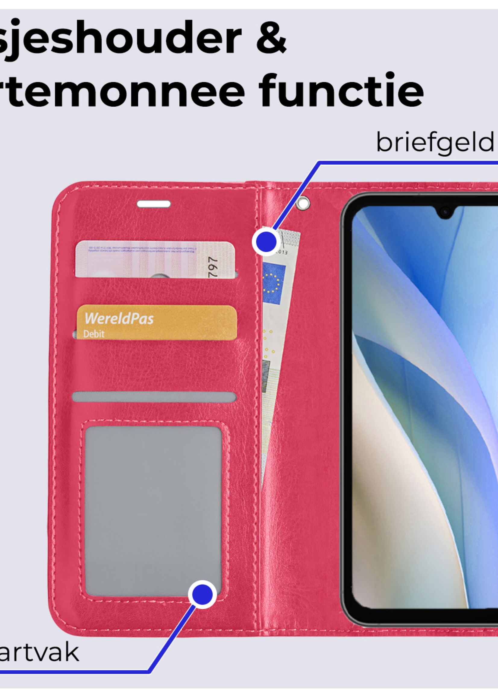BTH Hoesje Geschikt voor Samsung A15 Hoesje Book Case Hoes Portemonnee Cover Walletcase - Hoes Geschikt voor Samsung Galaxy A15 Hoes Bookcase Hoesje - Donkerroze