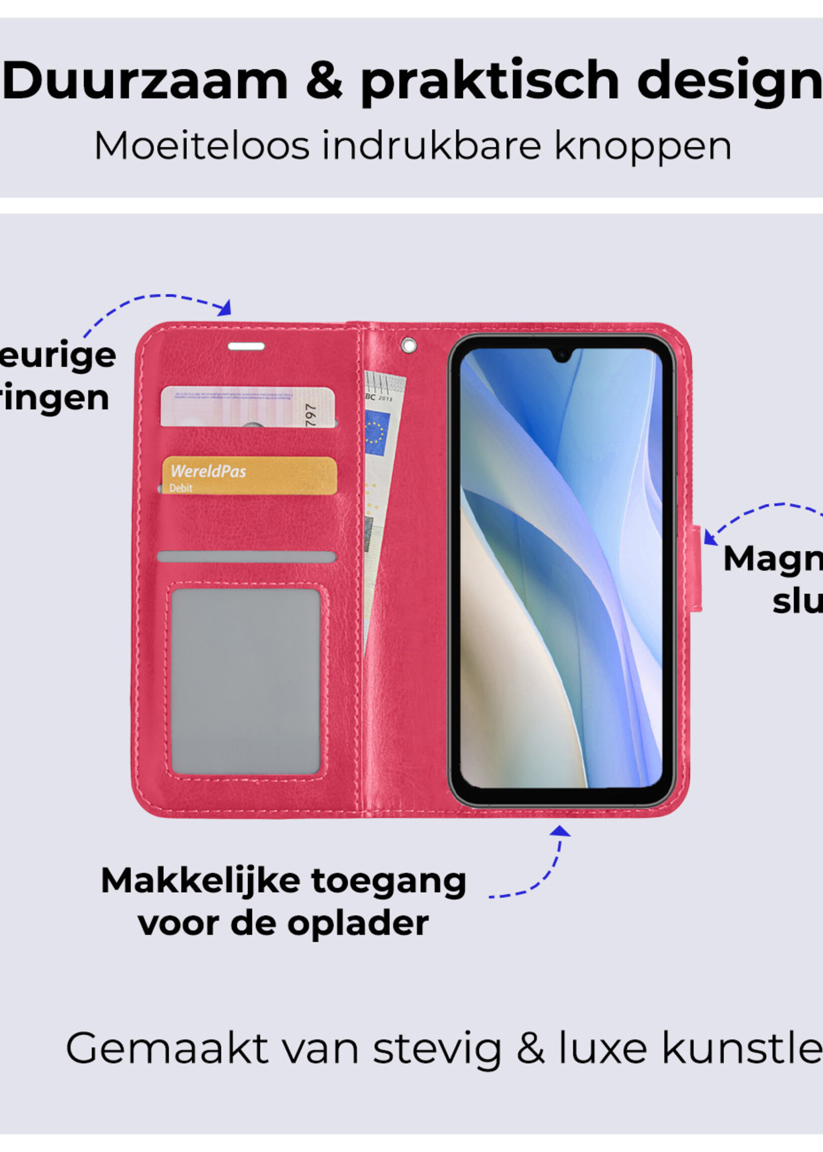 BTH Hoesje Geschikt voor Samsung A15 Hoesje Book Case Hoes Portemonnee Cover Walletcase - Hoes Geschikt voor Samsung Galaxy A15 Hoes Bookcase Hoesje - Donkerroze
