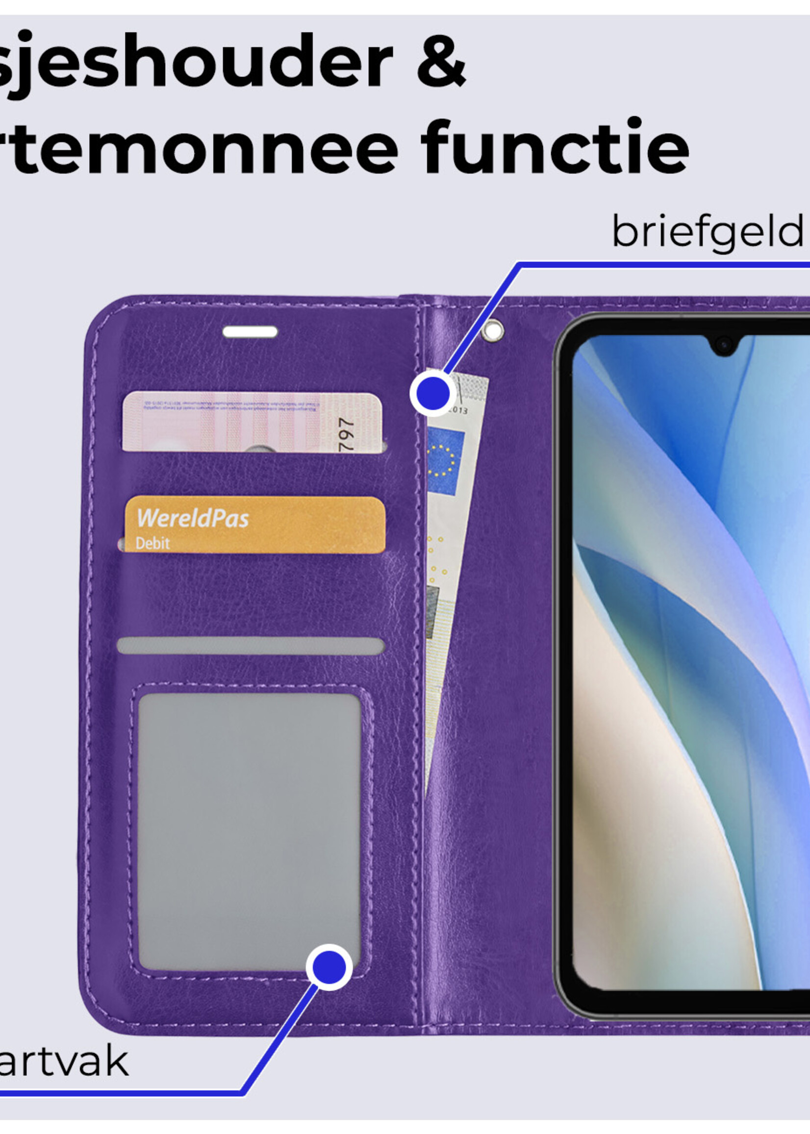 BTH Hoesje Geschikt voor Samsung A15 Hoesje Book Case Hoes Portemonnee Cover Walletcase - Hoes Geschikt voor Samsung Galaxy A15 Hoes Bookcase Hoesje - Paars