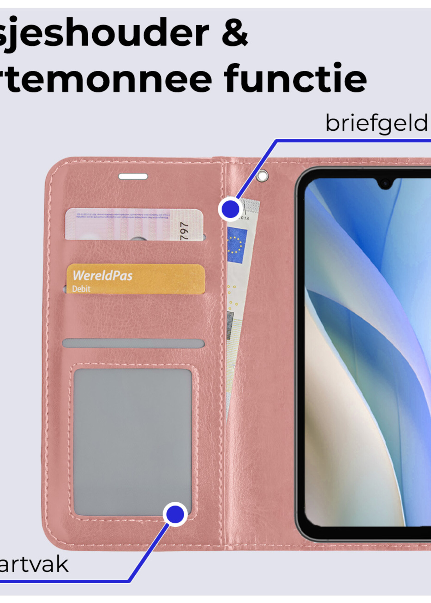 BTH Hoesje Geschikt voor Samsung A15 Hoesje Book Case Hoes Portemonnee Cover Walletcase - Hoes Geschikt voor Samsung Galaxy A15 Hoes Bookcase Hoesje - Rosé goud