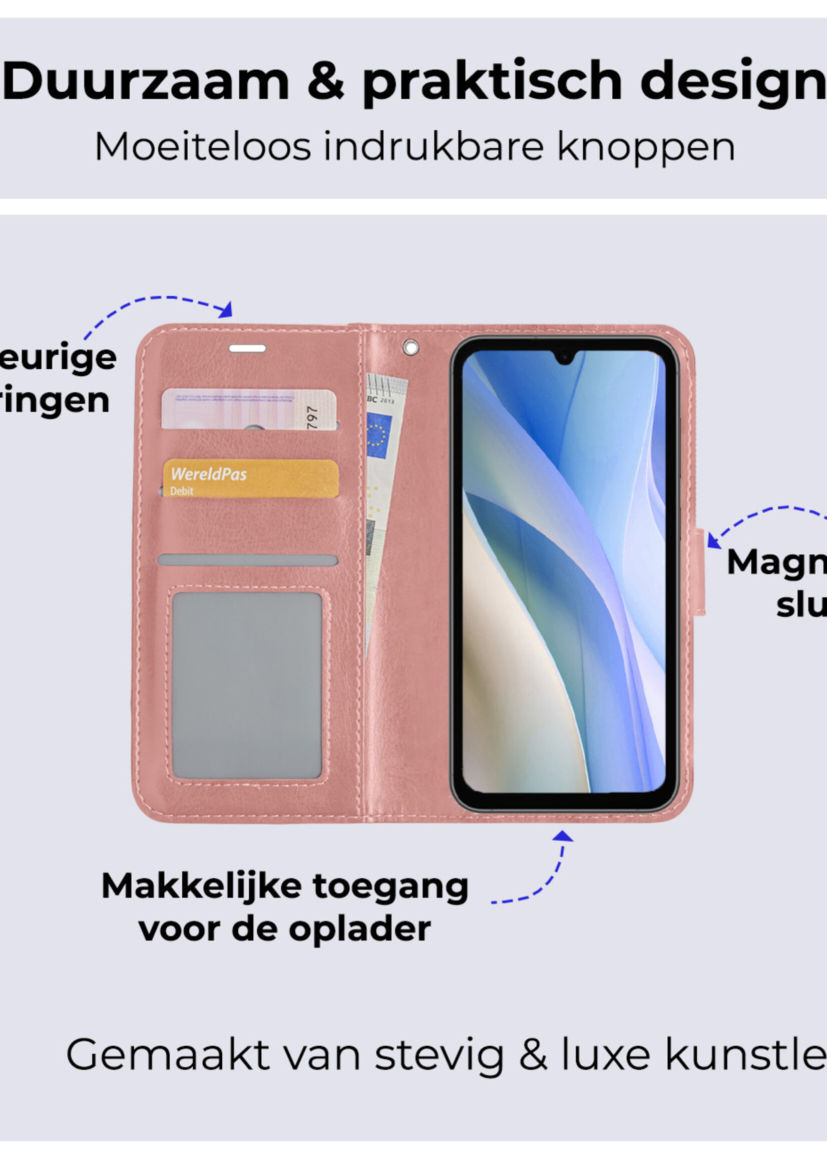 BTH Hoesje Geschikt voor Samsung A15 Hoesje Book Case Hoes Portemonnee Cover Walletcase - Hoes Geschikt voor Samsung Galaxy A15 Hoes Bookcase Hoesje - Rosé goud