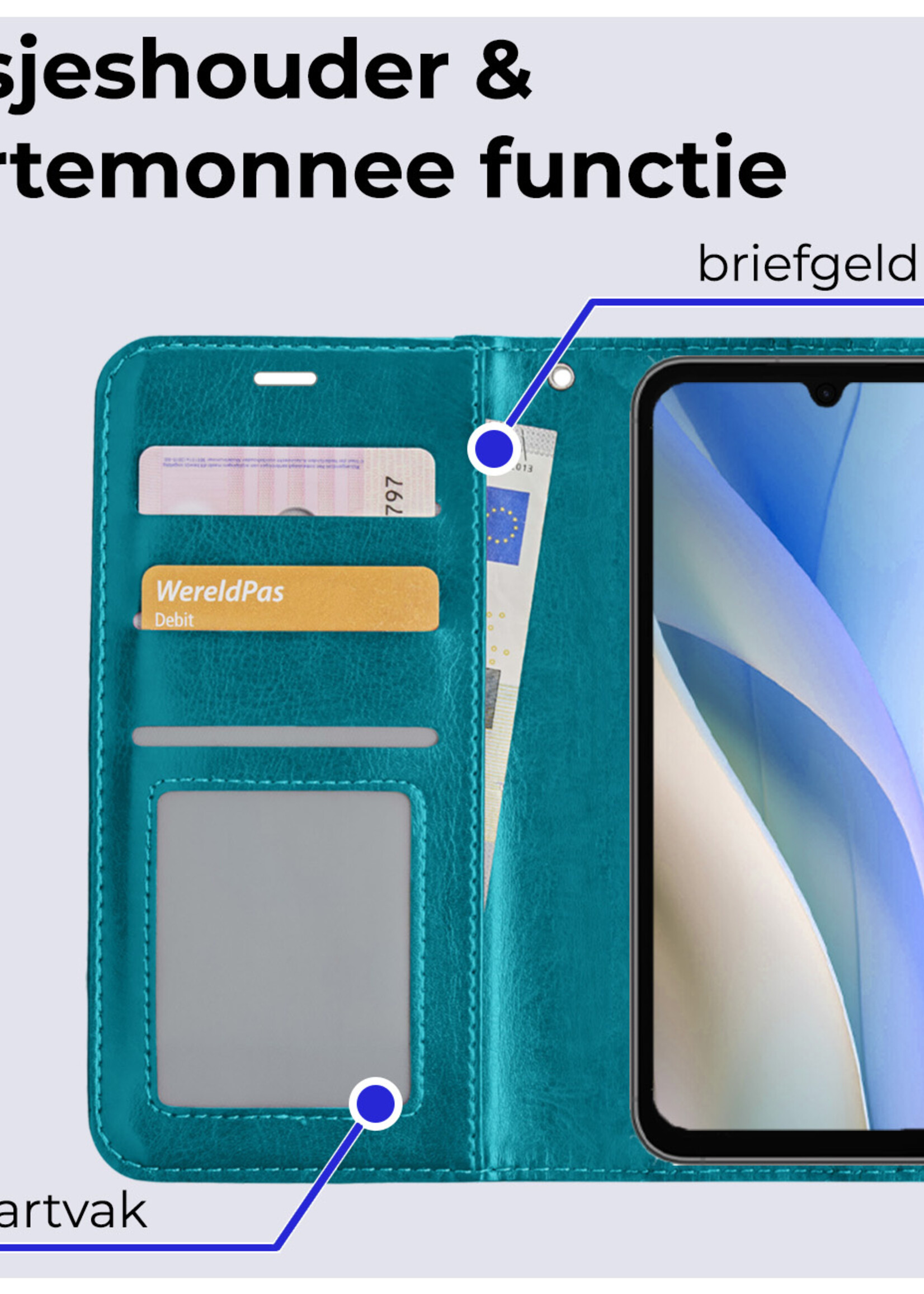 BTH Hoesje Geschikt voor Samsung A15 Hoesje Book Case Hoes Portemonnee Cover Walletcase - Hoes Geschikt voor Samsung Galaxy A15 Hoes Bookcase Hoesje - Turquoise