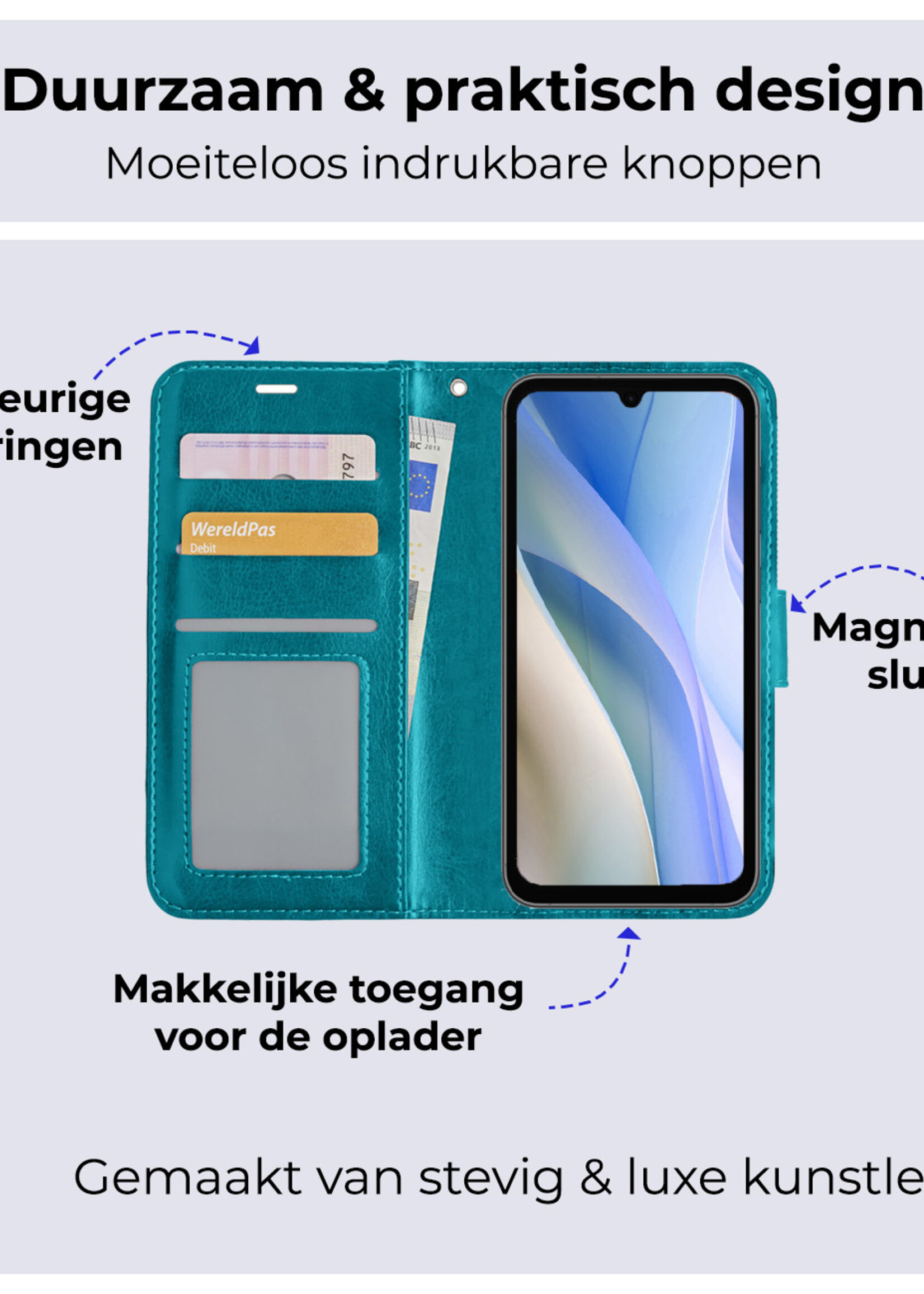BTH Hoesje Geschikt voor Samsung A15 Hoesje Book Case Hoes Portemonnee Cover Walletcase - Hoes Geschikt voor Samsung Galaxy A15 Hoes Bookcase Hoesje - Turquoise