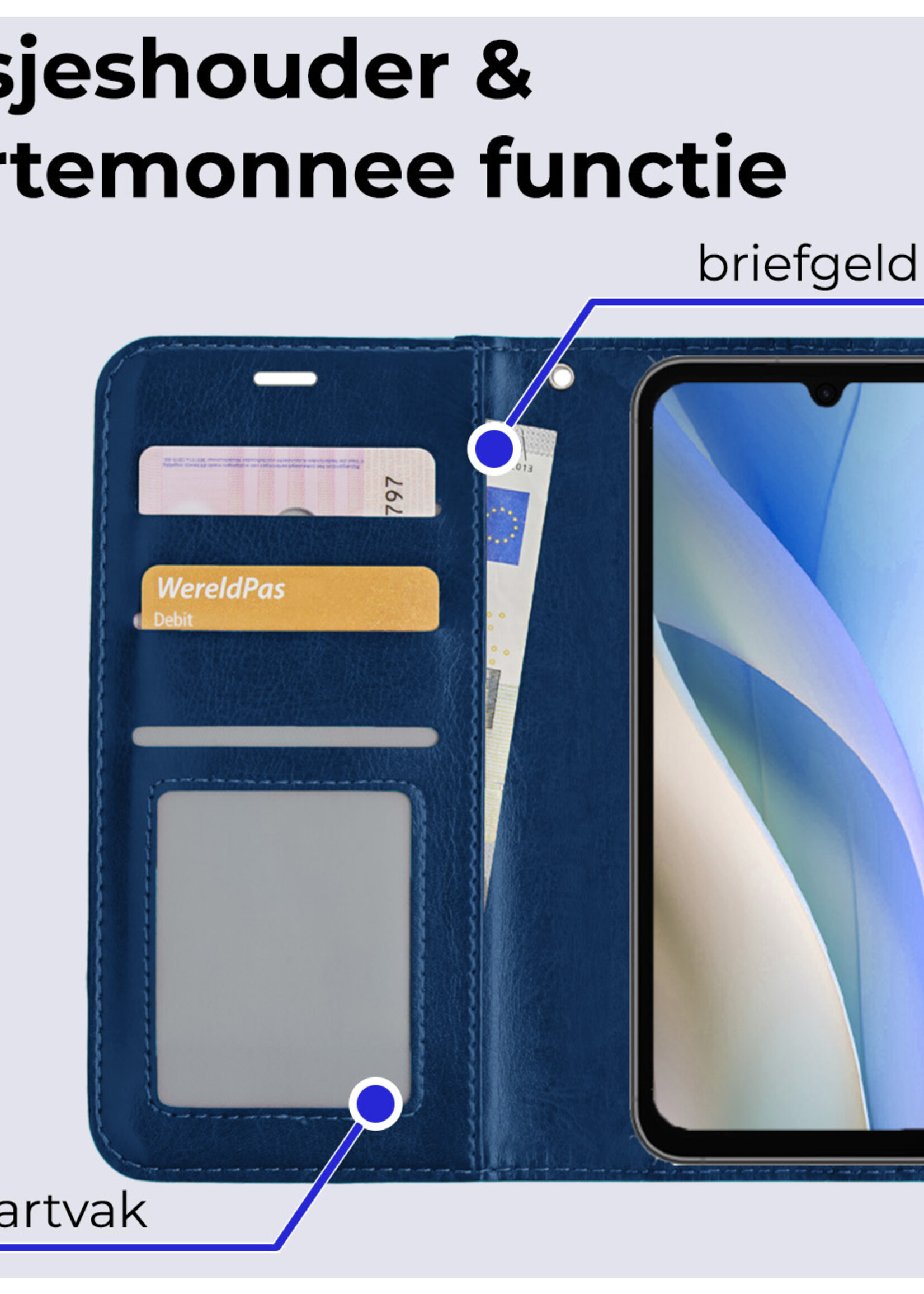 BTH Hoesje Geschikt voor Samsung A15 Hoesje Book Case Hoes Portemonnee Cover Walletcase Met Screenprotector - Hoes Geschikt voor Samsung Galaxy A15 Hoes Bookcase Hoesje - Donkerblauw