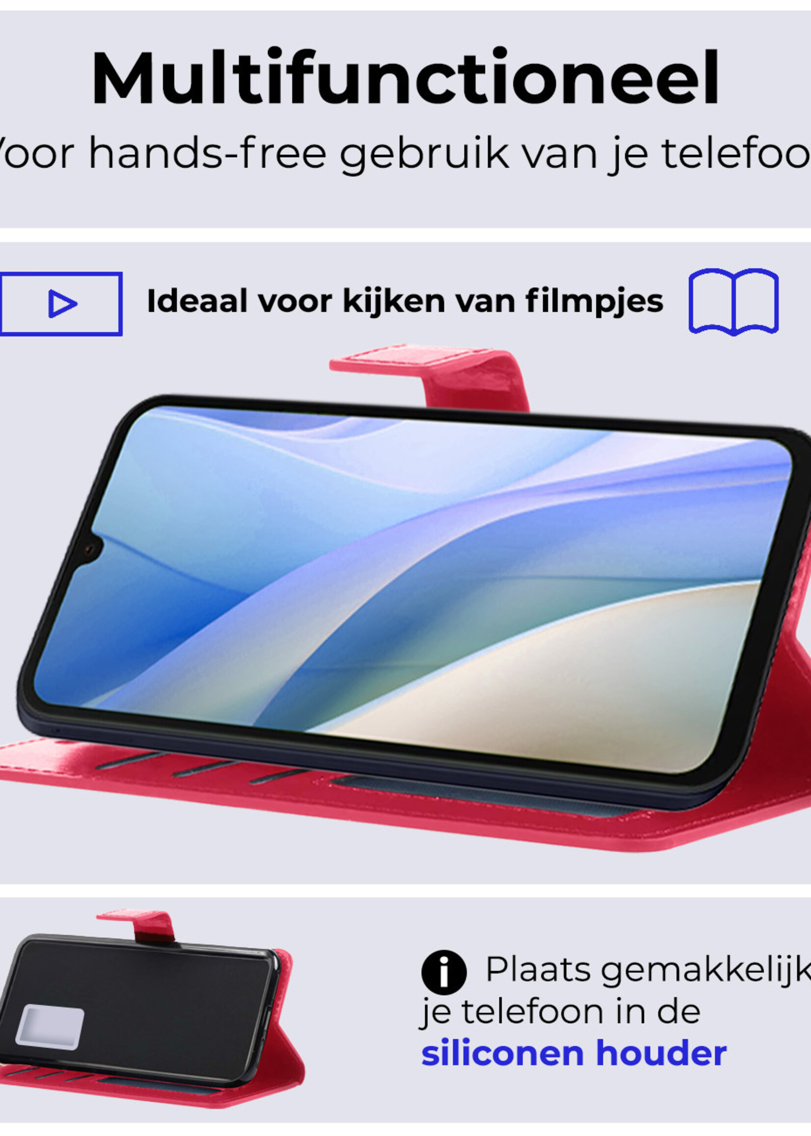 BTH Hoesje Geschikt voor Samsung A15 Hoesje Book Case Hoes Portemonnee Cover Walletcase Met Screenprotector - Hoes Geschikt voor Samsung Galaxy A15 Hoes Bookcase Hoesje - Donkerroze