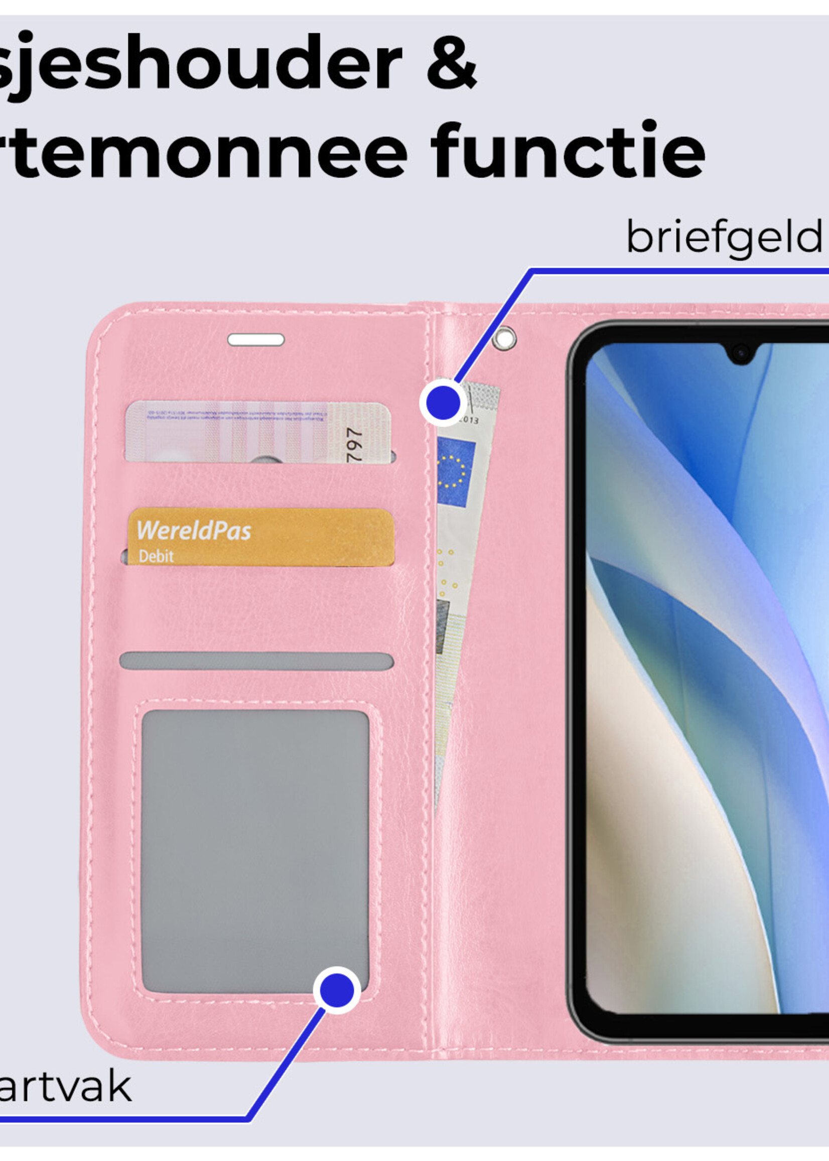 BTH Hoesje Geschikt voor Samsung A15 Hoesje Book Case Hoes Portemonnee Cover Walletcase Met Screenprotector - Hoes Geschikt voor Samsung Galaxy A15 Hoes Bookcase Hoesje - Lichtroze