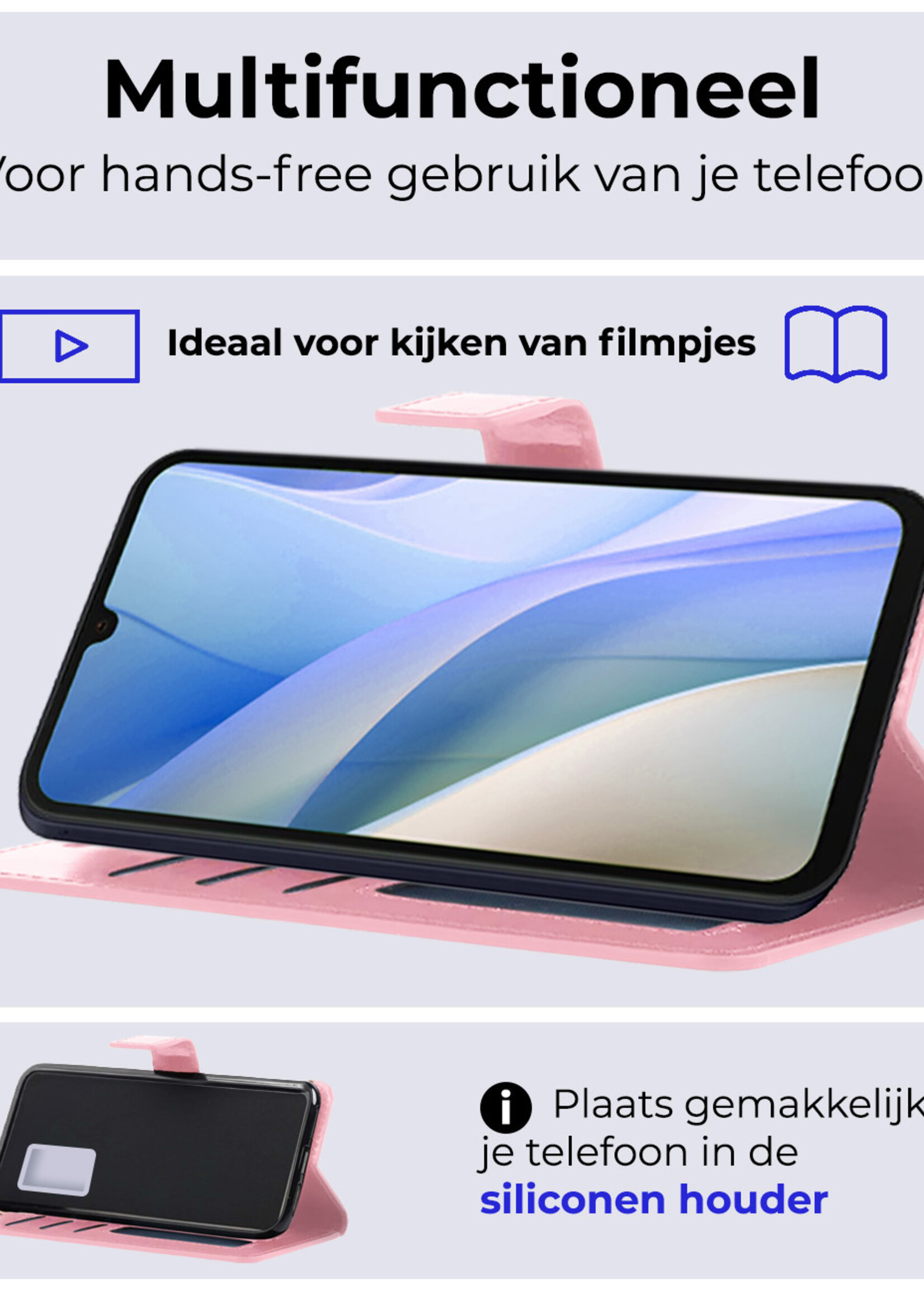 BTH Hoesje Geschikt voor Samsung A15 Hoesje Book Case Hoes Portemonnee Cover Walletcase Met Screenprotector - Hoes Geschikt voor Samsung Galaxy A15 Hoes Bookcase Hoesje - Lichtroze