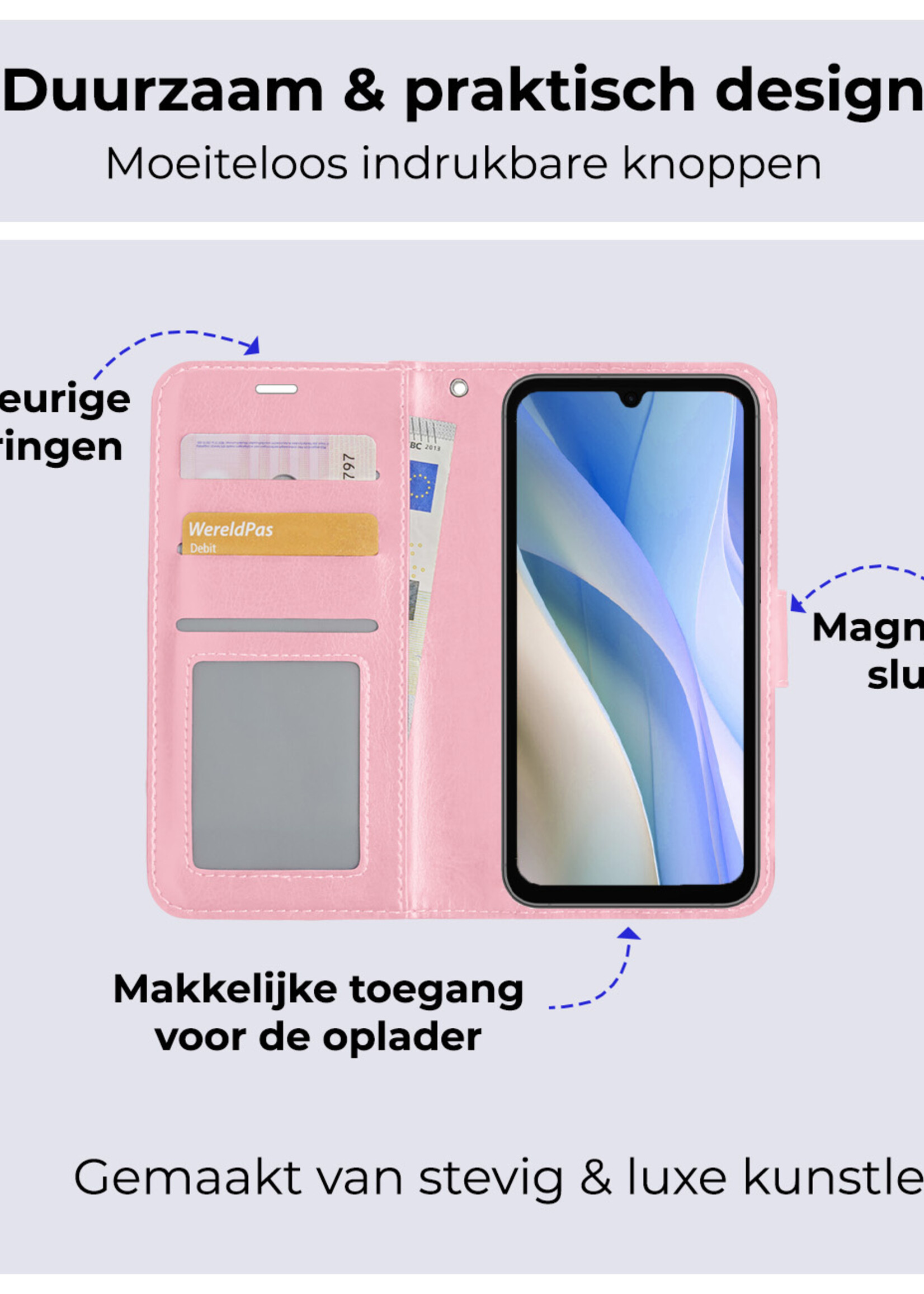 BTH Hoesje Geschikt voor Samsung A15 Hoesje Book Case Hoes Portemonnee Cover Walletcase Met Screenprotector - Hoes Geschikt voor Samsung Galaxy A15 Hoes Bookcase Hoesje - Lichtroze