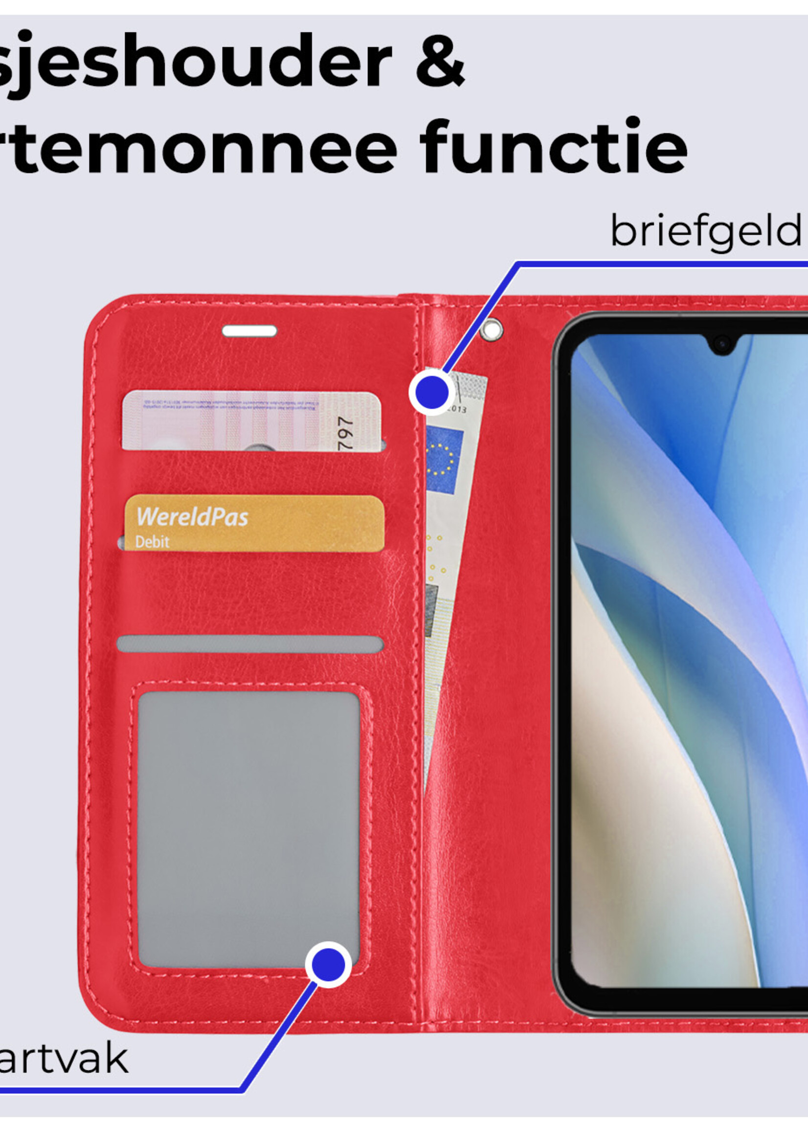 BTH Hoesje Geschikt voor Samsung A15 Hoesje Book Case Hoes Portemonnee Cover Walletcase Met Screenprotector - Hoes Geschikt voor Samsung Galaxy A15 Hoes Bookcase Hoesje - Rood