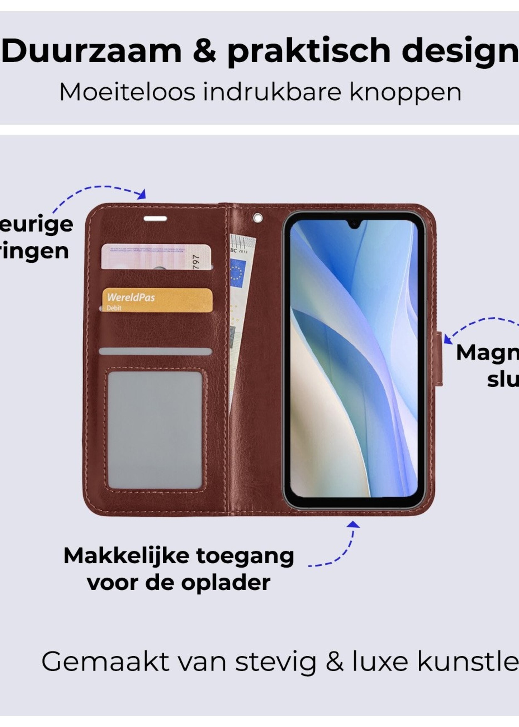 BTH Hoesje Geschikt voor Samsung A15 Hoesje Book Case Hoes Portemonnee Cover Walletcase Met 2x Screenprotector - Hoes Geschikt voor Samsung Galaxy A15 Hoes Bookcase Hoesje - Bruin