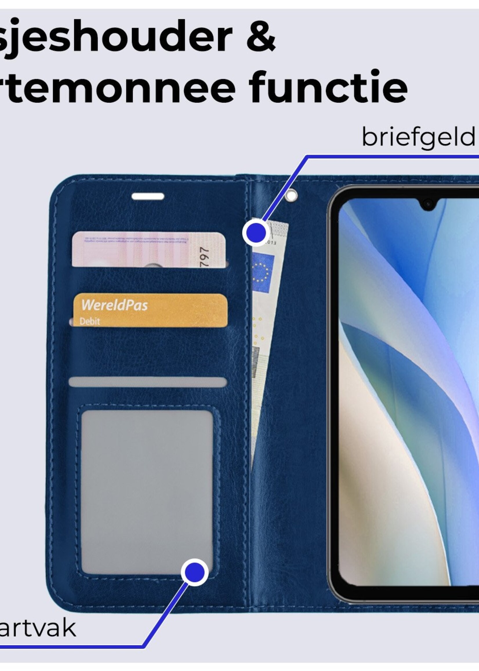 BTH Hoesje Geschikt voor Samsung A15 Hoesje Book Case Hoes Portemonnee Cover Walletcase Met 2x Screenprotector - Hoes Geschikt voor Samsung Galaxy A15 Hoes Bookcase Hoesje - Donkerblauw