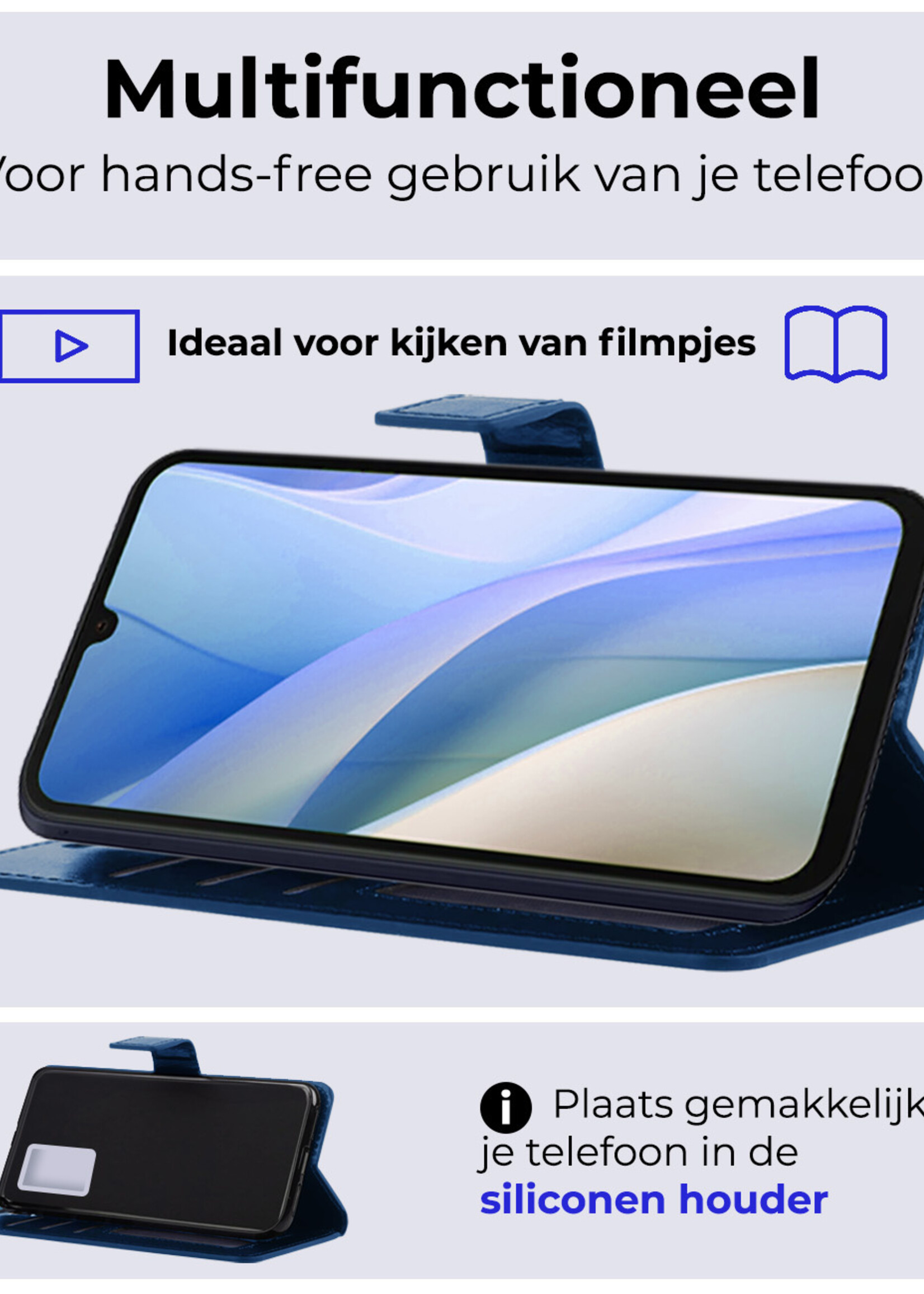 BTH Hoesje Geschikt voor Samsung A15 Hoesje Book Case Hoes Portemonnee Cover Walletcase Met 2x Screenprotector - Hoes Geschikt voor Samsung Galaxy A15 Hoes Bookcase Hoesje - Donkerblauw