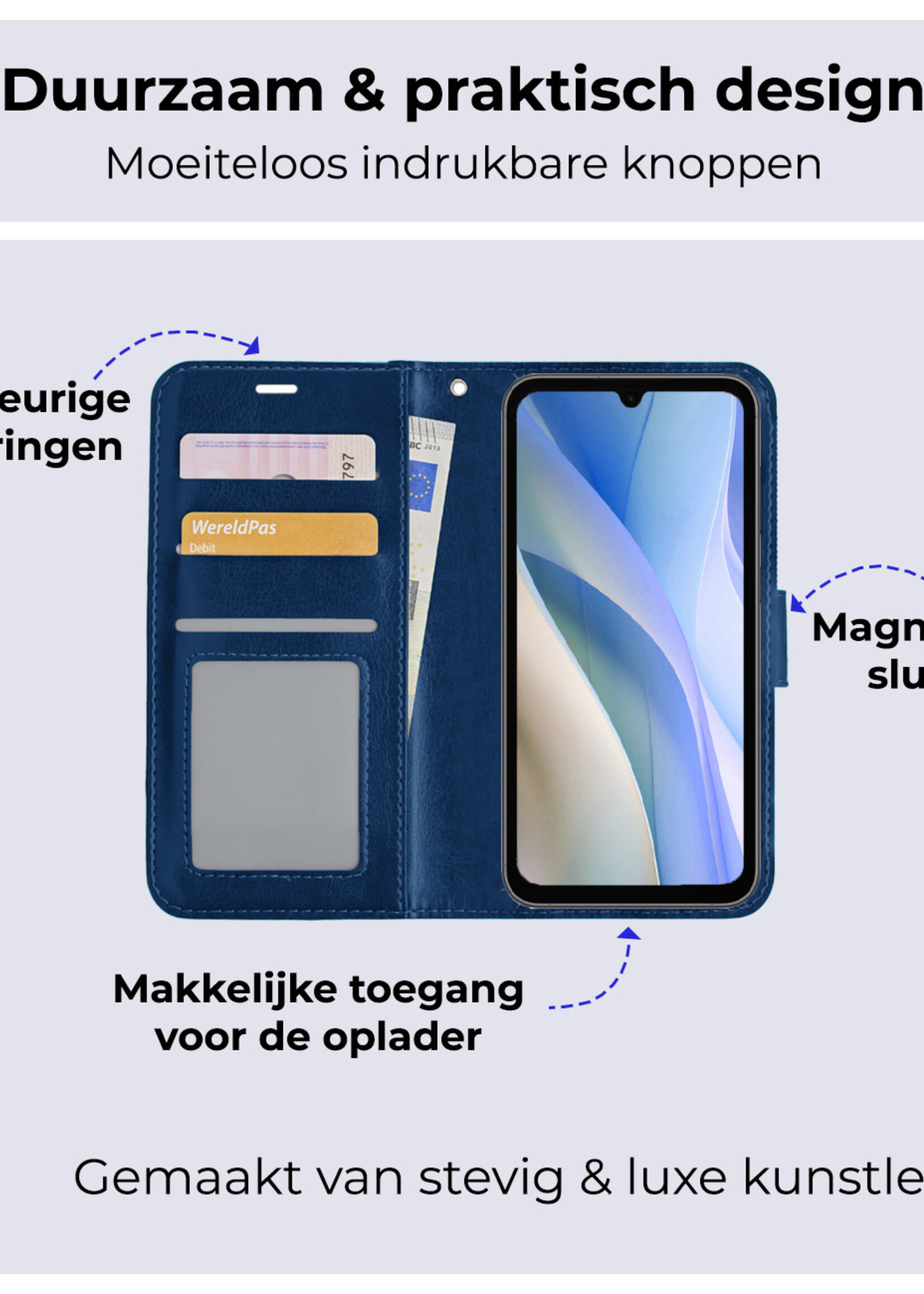 BTH Hoesje Geschikt voor Samsung A15 Hoesje Book Case Hoes Portemonnee Cover Walletcase Met 2x Screenprotector - Hoes Geschikt voor Samsung Galaxy A15 Hoes Bookcase Hoesje - Donkerblauw