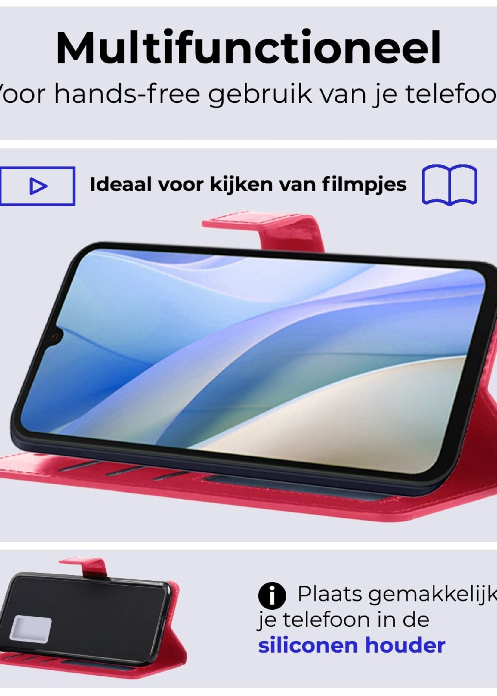 BTH Hoesje Geschikt voor Samsung A15 Hoesje Book Case Hoes Portemonnee Cover Walletcase Met 2x Screenprotector - Hoes Geschikt voor Samsung Galaxy A15 Hoes Bookcase Hoesje - Donkerroze