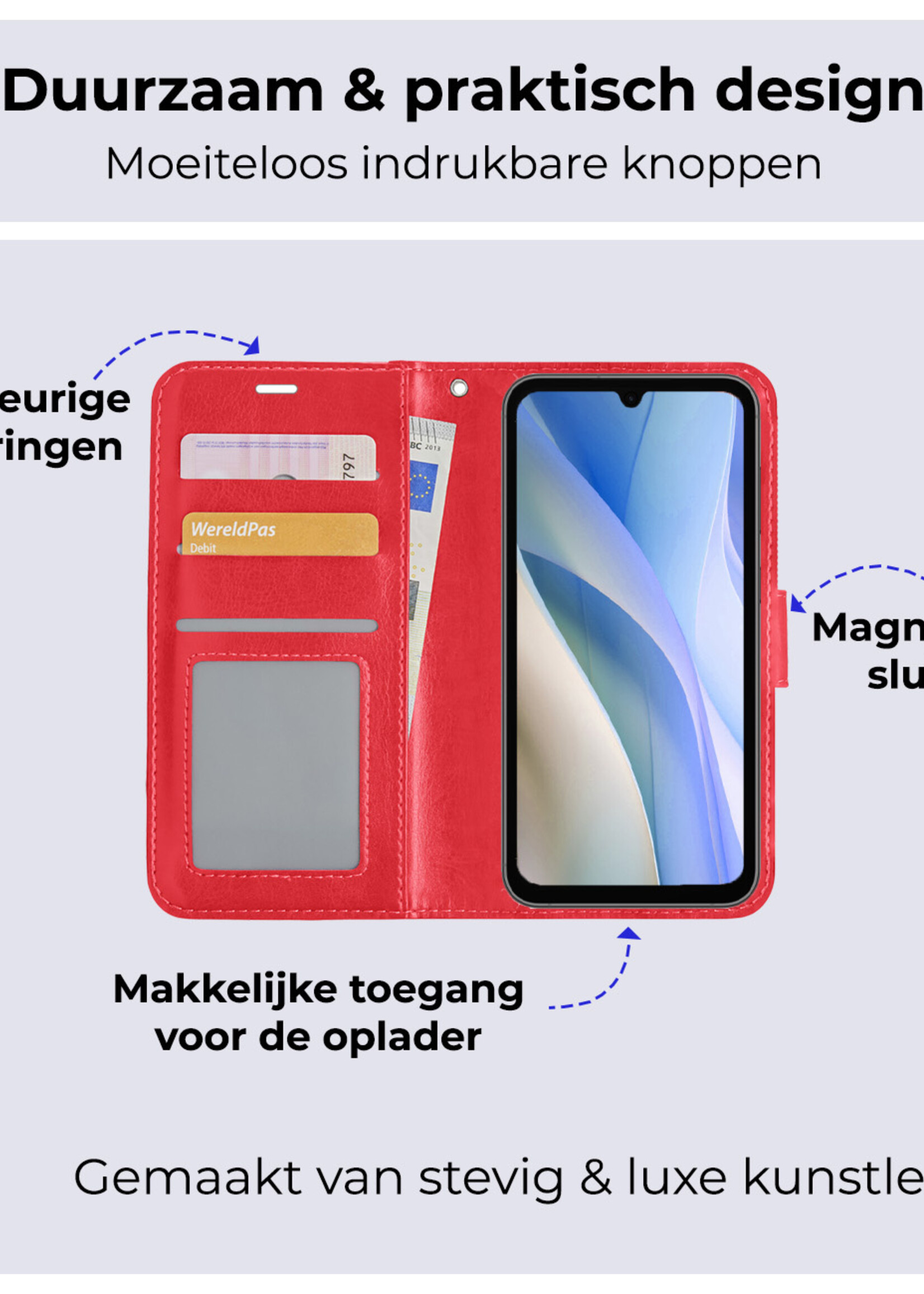 BTH Hoesje Geschikt voor Samsung A15 Hoesje Book Case Hoes Portemonnee Cover Walletcase Met 2x Screenprotector - Hoes Geschikt voor Samsung Galaxy A15 Hoes Bookcase Hoesje - Rood