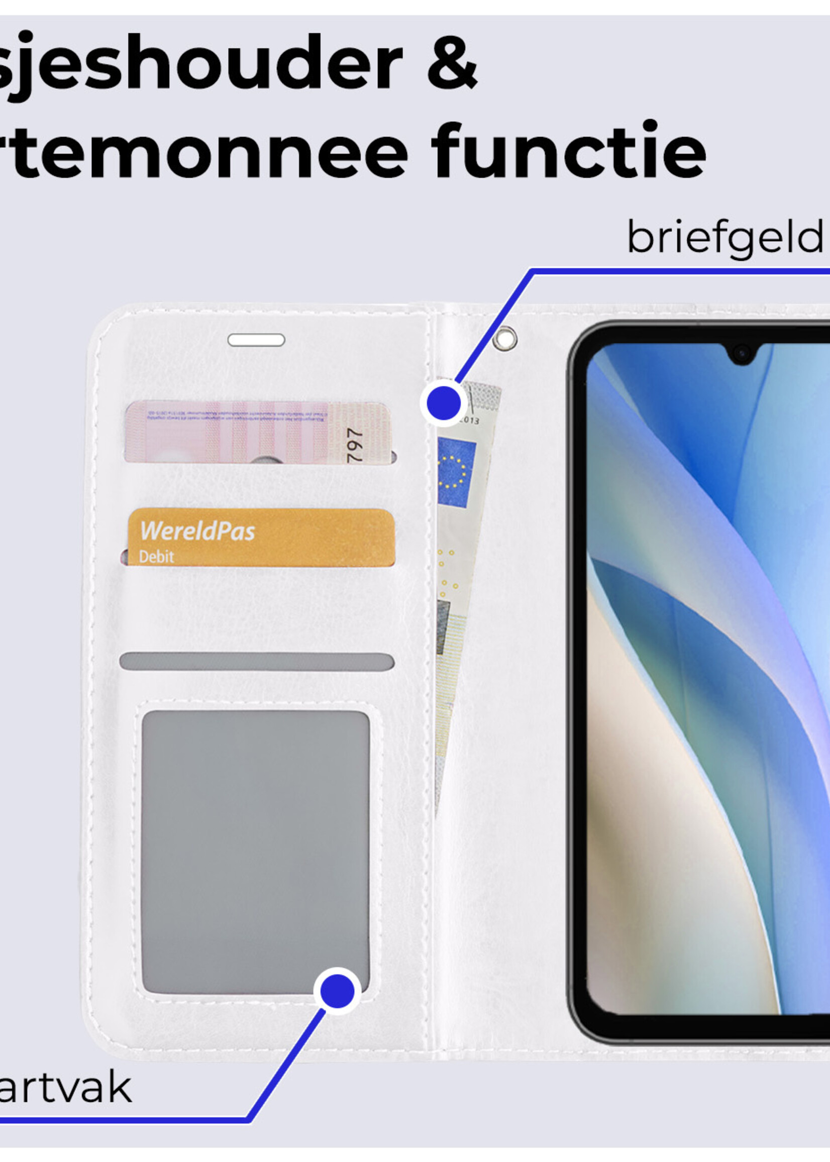 BTH Hoesje Geschikt voor Samsung A15 Hoesje Book Case Hoes Portemonnee Cover Walletcase Met 2x Screenprotector - Hoes Geschikt voor Samsung Galaxy A15 Hoes Bookcase Hoesje - Wit